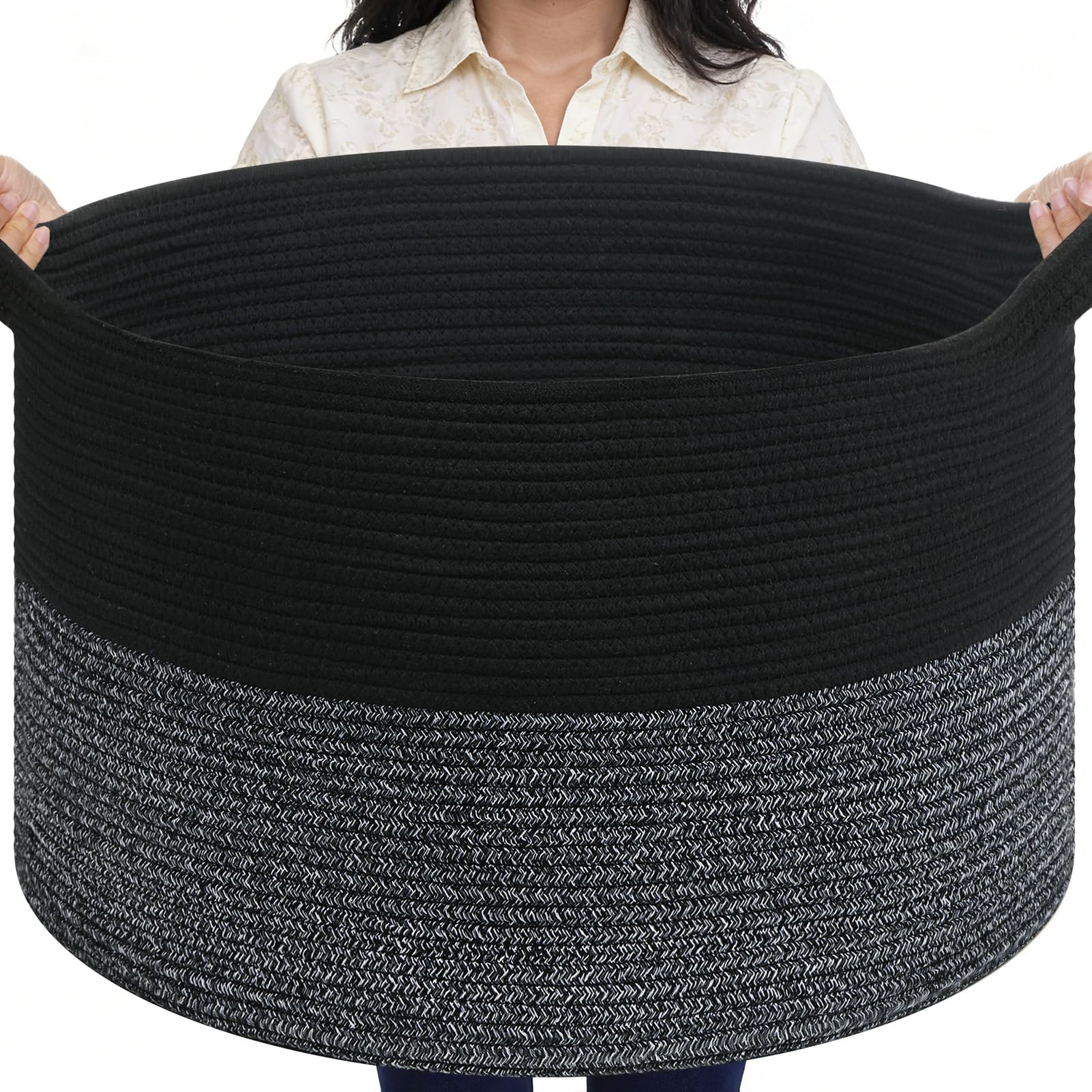 MOLMO Extra Large Woven Storage Baskets, 68L Cotton Rope Laundry Basket for Washing, Toy Storage for Kids, Blanket Basket for Living Room, Nursery, Bedroom, 55x35 cm, Black & Heathered Grey