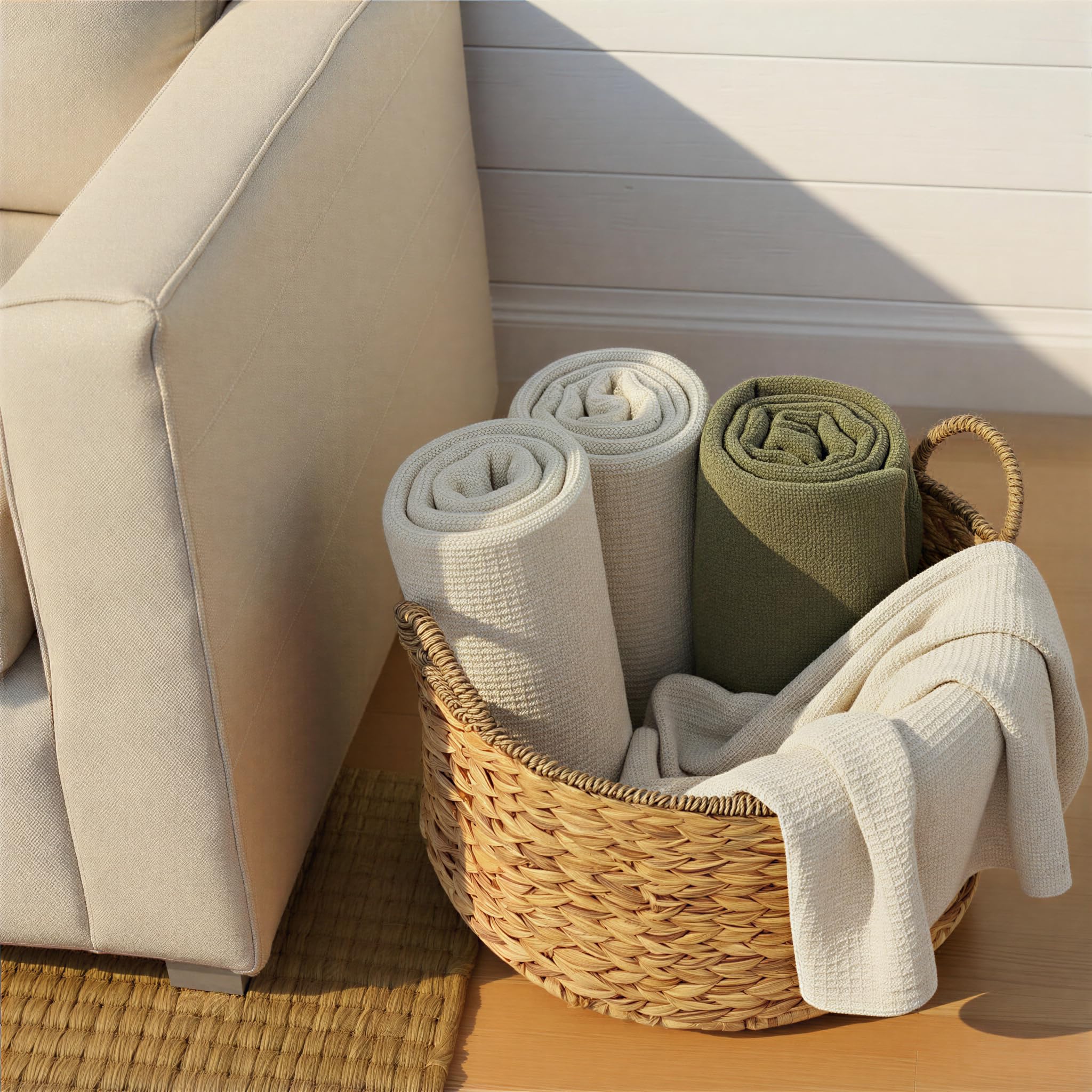 Household Essentials Runder handgewebter Korb aus Wasserhyazinthe und Seegras mit Griffen, Natur