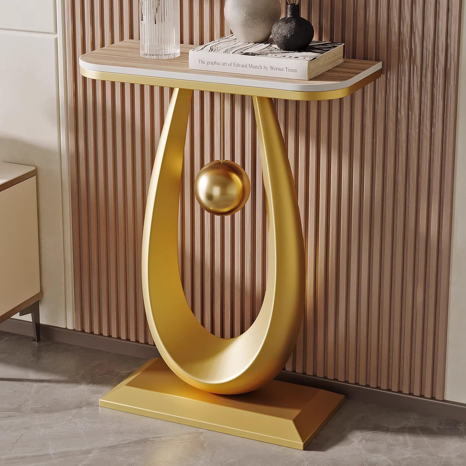 Mesa estrecha detrás del sofá para ahorrar espacio con diseño geométrico dorado D