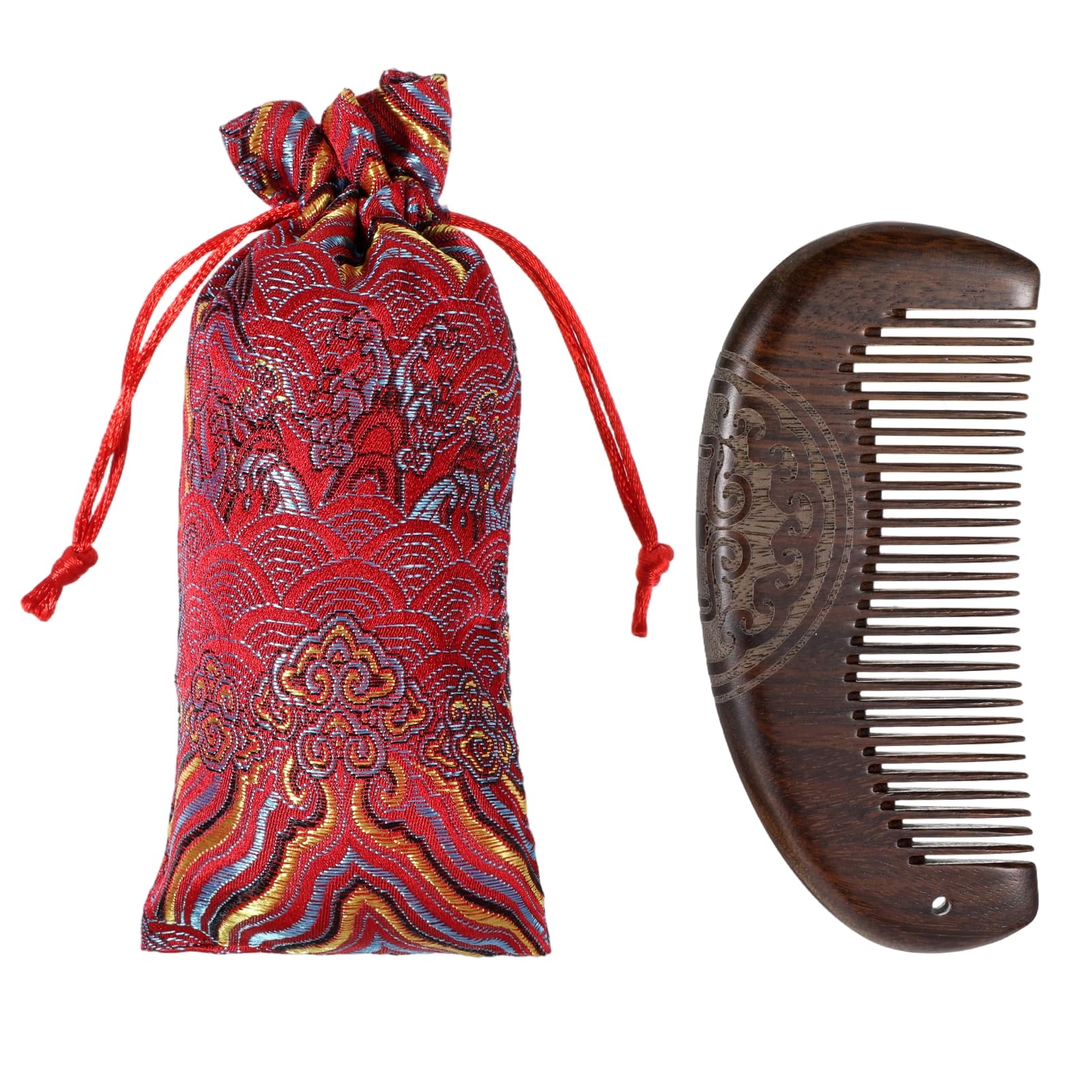 Natural Sandalwood Fine Tooth Comb, Anti-Static Wooden Comb Portable Small Wood Combs with Storage Bag Smooth Detangling Hair Combs for Curly/Thick/Straight Hair