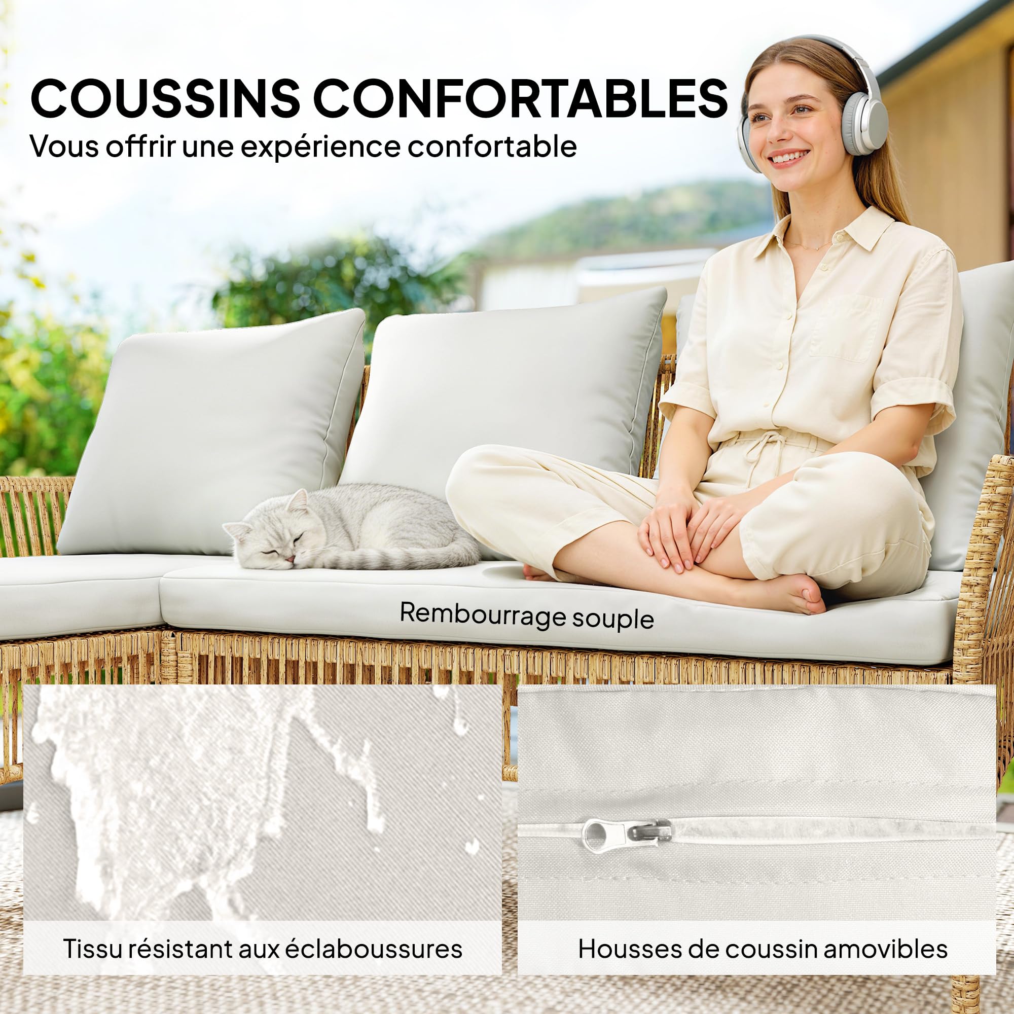 Outsunny Salon de Jardin Extérieur d'angle 4 Places Résine Tressée, Crème | Canapé 2 Places, Chaise Longue, Table Basse, Plateau en Verre Trempé, Coussins, Mobilier de Jardin, Terrasse, Patio