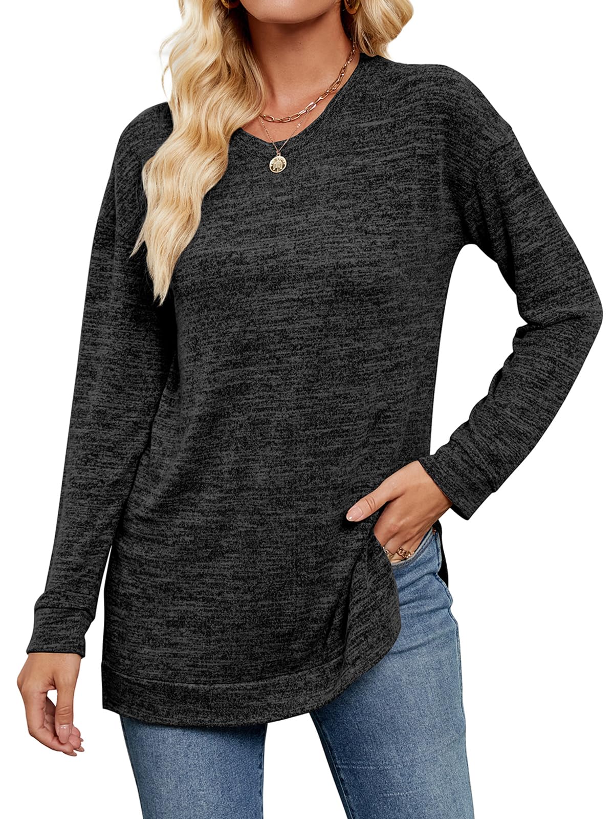 Qearal Womens Sweatshirt Crewneck Long Sleeve Shirts Loose Fit Casual Side Split Tunic Tops