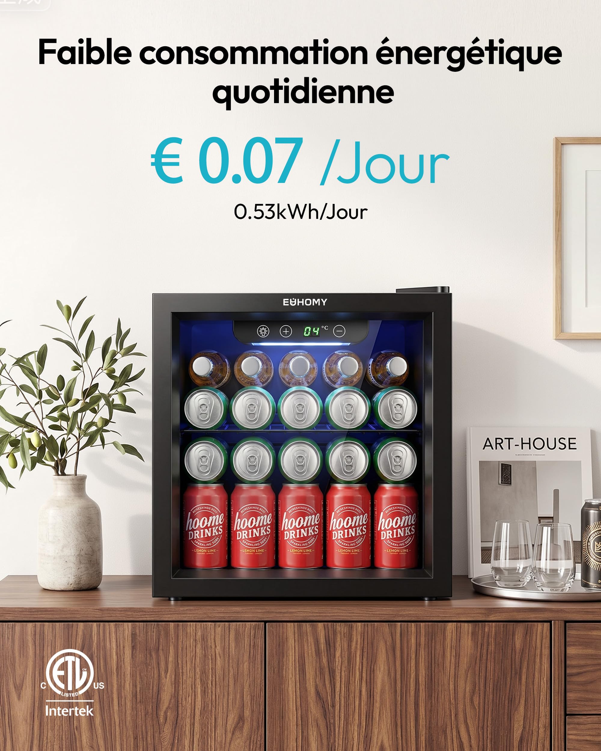 EUHOMY Réfrigérateur à Boissons 55 Canettes 36 L Silencieux 43 dB Porte Vitrée Noir