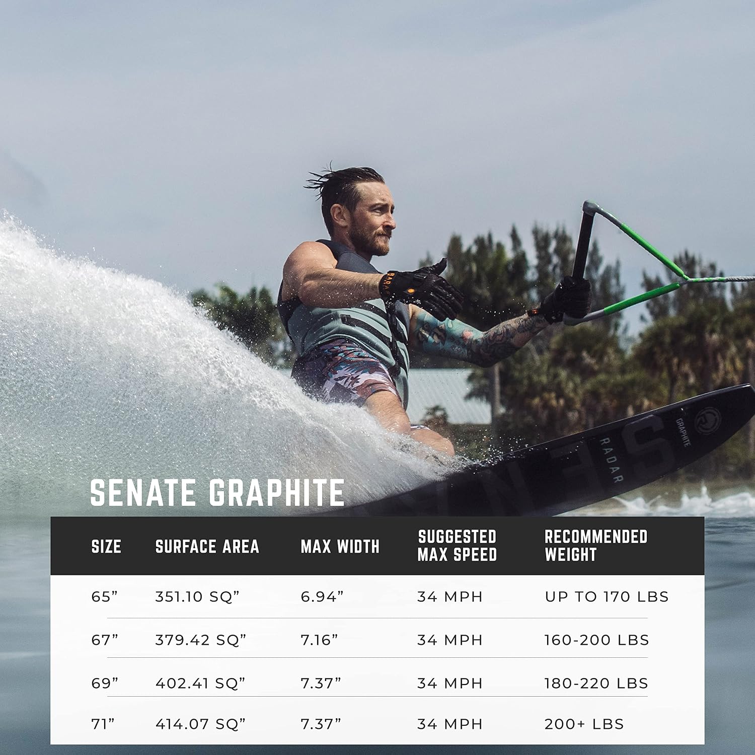 Radar Senate Graphite Waterski, Carbon/Gun Metal, 67"