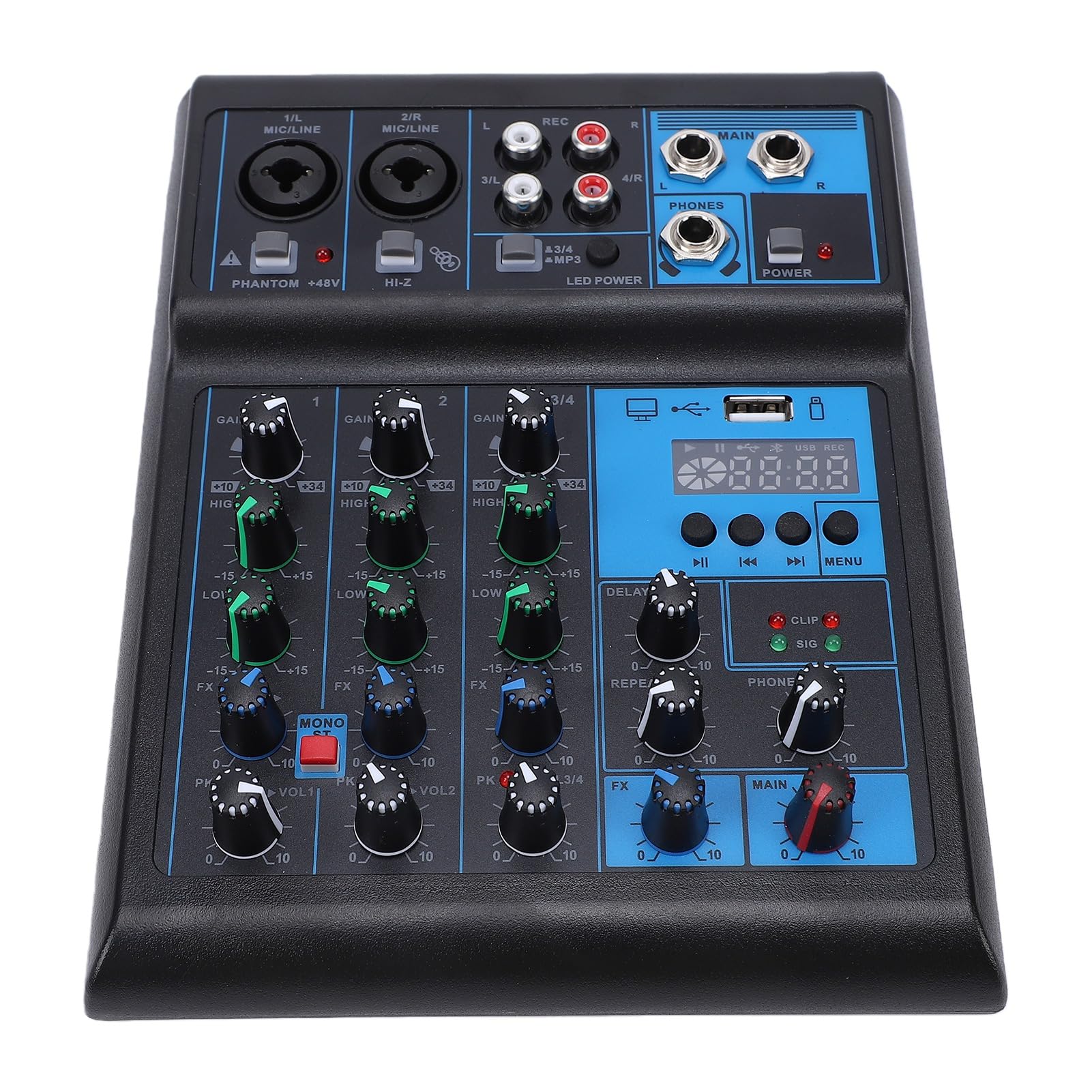 Mixer Audio a 4 Canali con Doppi Microfoni Wireless, Scheda di Missaggio Audio USB C con Alimentazione 48V RGB Console Mixer DJ per PC Podcast Studio Karaoke Live