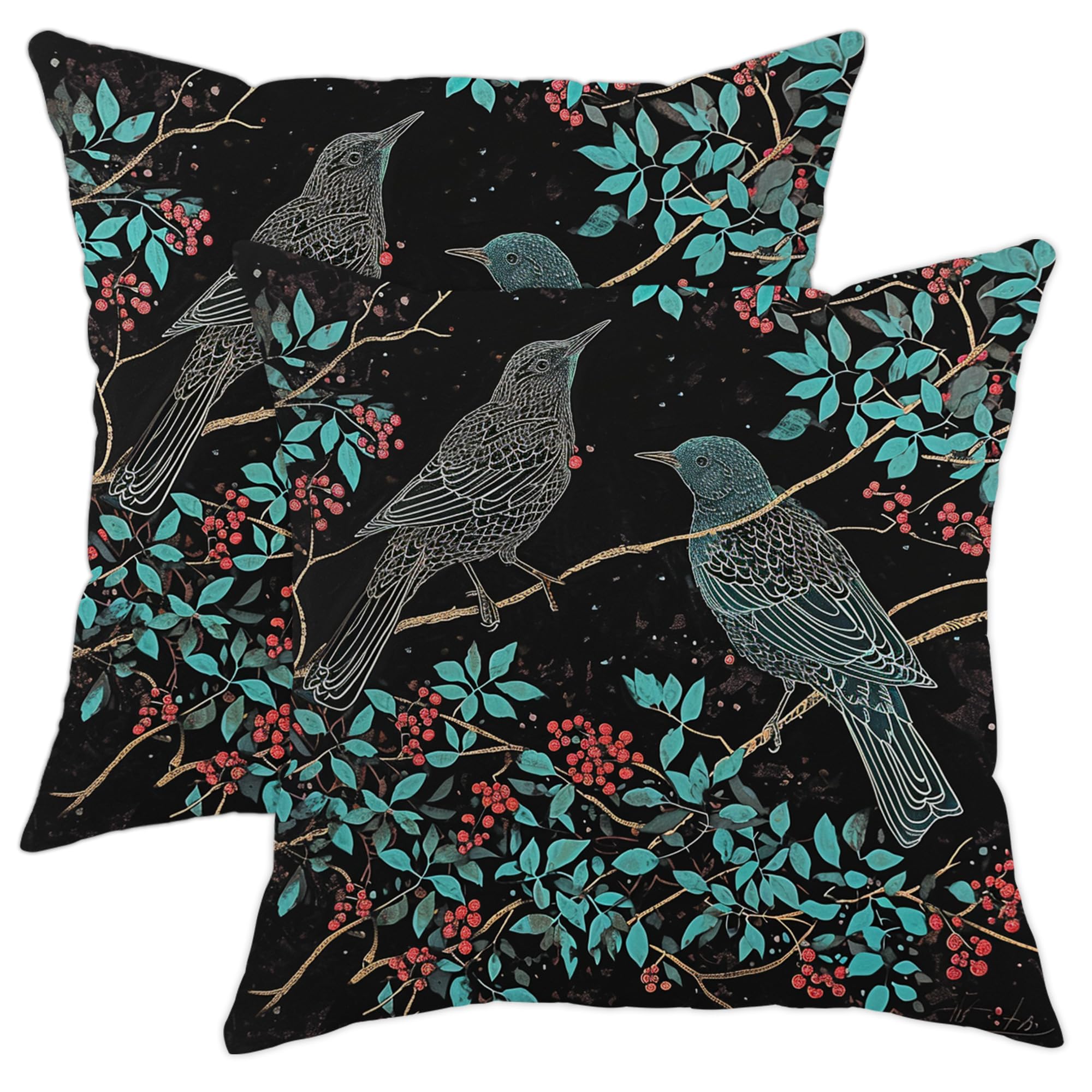 Bird Pillow Covers Tree Leaf Berries Modern Decorative Watercolors Black Velvet Soft Sofa Couch Bed Room Indoor Cozys Square Washable with Zipper Comfortable Throw Pillowcase 18x18inch