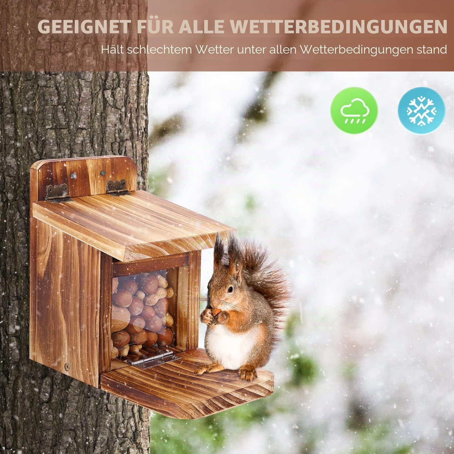 MIXXIDEA Eichhörnchen-Futterstation aus Holz, stabiles Eichhörnchen-Futterhaus mit Dicke 1,5 cm, kein Zusammenbau erforderlich, für Hinterhof, Außengarten, 1 Stück