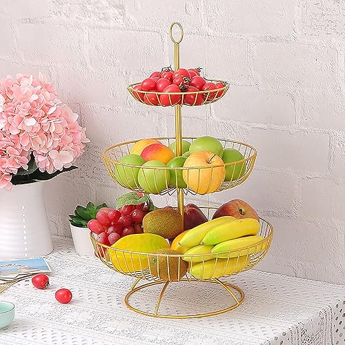 Miniatura 3 de JFFLYIT Frutero de 3 niveles, cesta de frutas, encimera, soporte de metal para frutas, soporte desmontable y colgante para frutas, aperitivos,