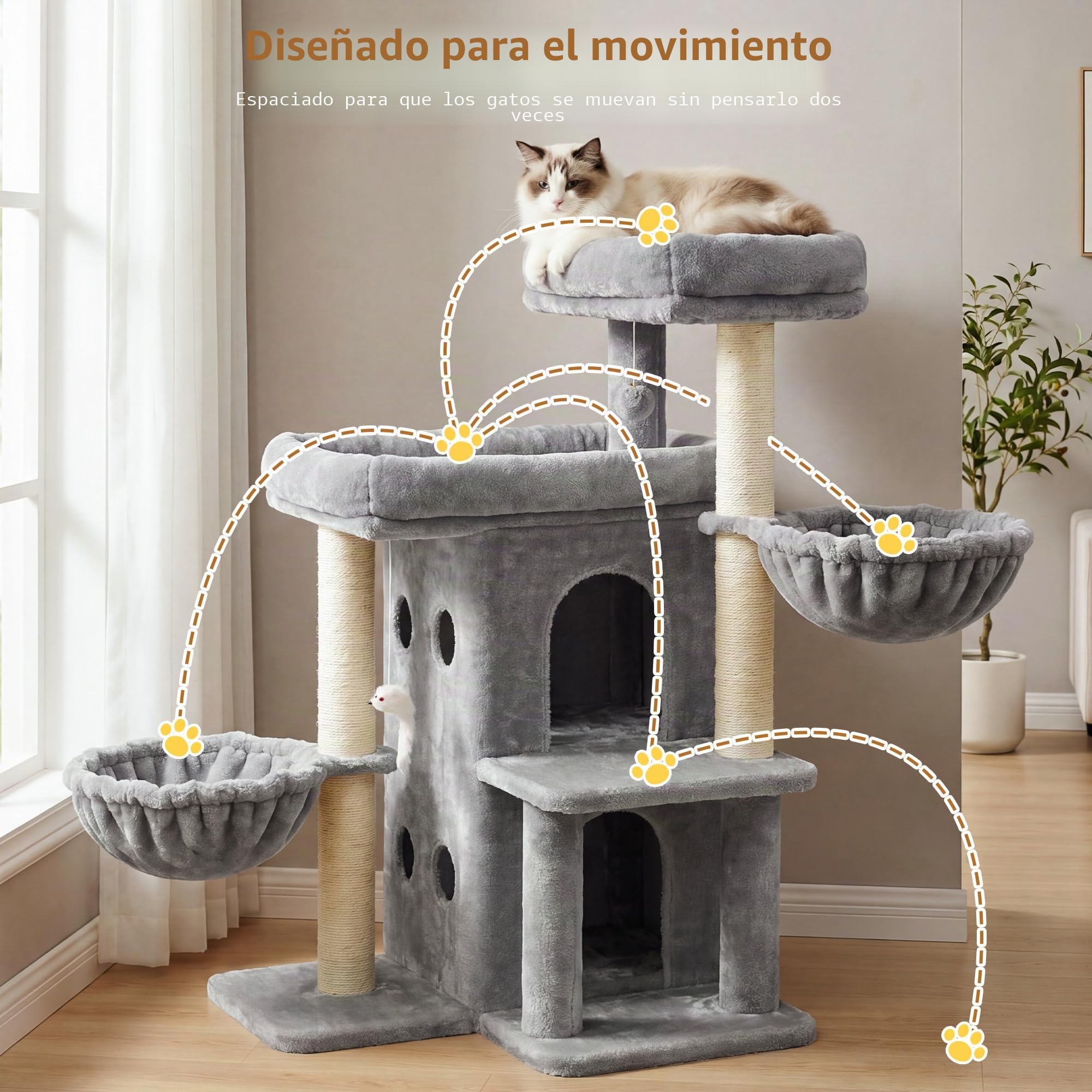 Heybly Árbol para Gatos 105 cm con 2 Plataformas y 2 Cestas Gris Claro | multinivel torre,2 plataformas,cueva doble,2 cestas,felpa suave,postes de sisal,para interiores y varios gatos HCT075W
