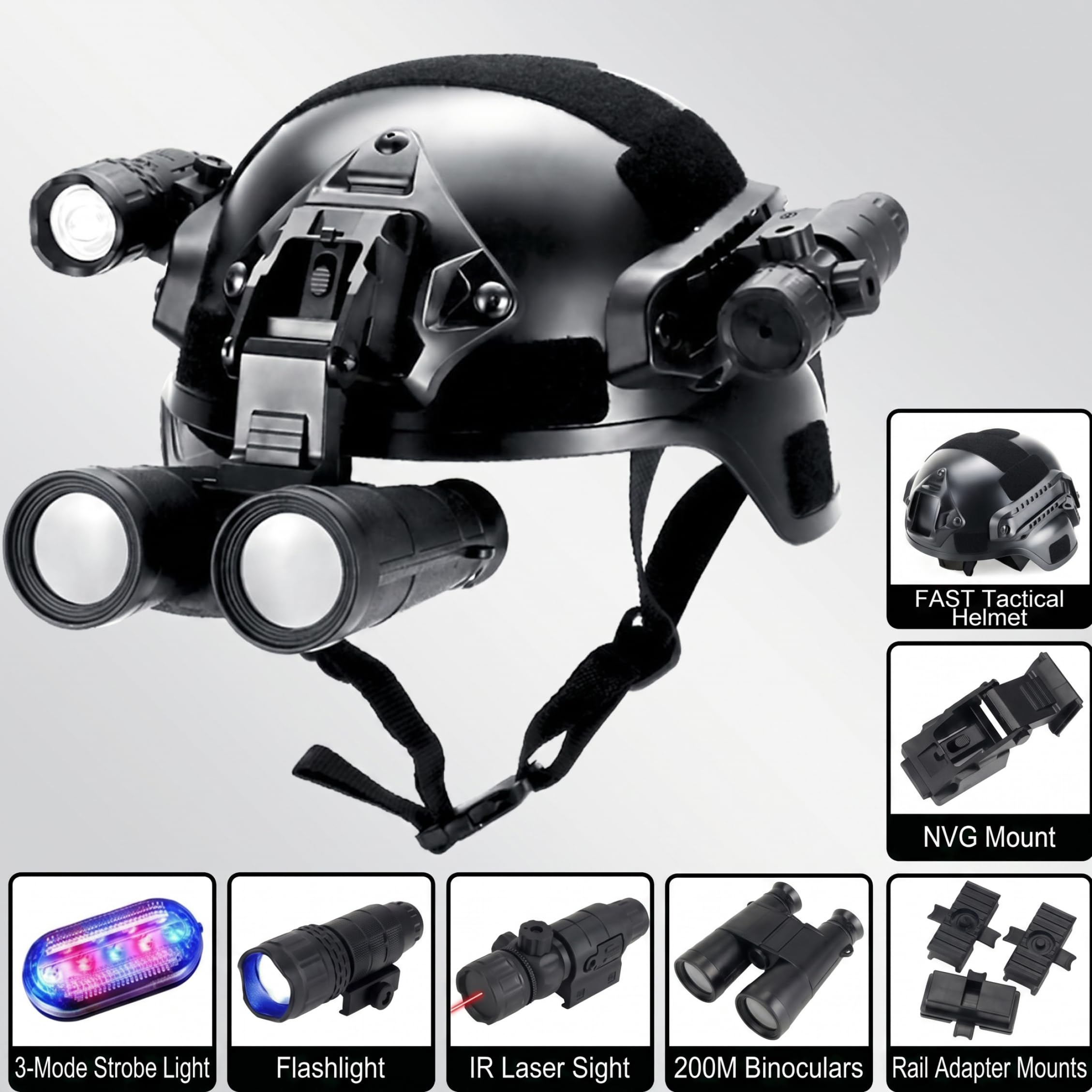 Casco balistico, Casco Leggero per Bambini con telescopio e Torcia Set Completo Airsoft e Costume Militare Cosplay con Guide modulari, Nero