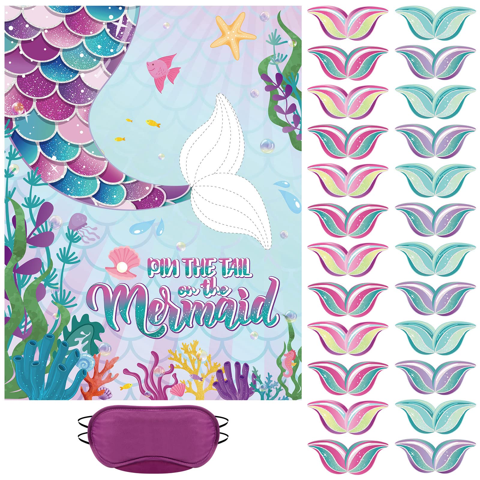 Faccito Pin The Tail on The Mermaid Party Game Mermaid Games Set Include 21 x 28 Inch Mermaid Poster 24 Pcs Reusable Tail Stickers Blindfold Mermaid Theme Party Supplies for Girls Birthday Party Favor