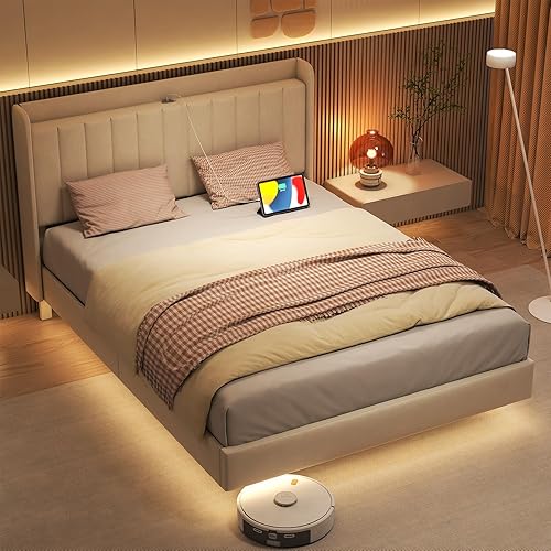 Miniatura 7 de Saudism Marco de cama tapizado tamaño Queen, marco de cama flotante con cabecera de almacenamiento con respaldo de ala, puertos tipo C y USB, luces