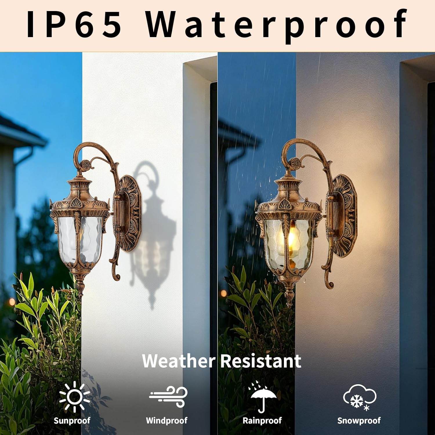 Outdoor Wall Light Fixtures 16.95" Outside Wall Lantern Gold Waterproof Exterior Porch Lights with Hammered Glass Shade Wall Sconce Light for House Front Door Garage Doorway Patio Yard Street