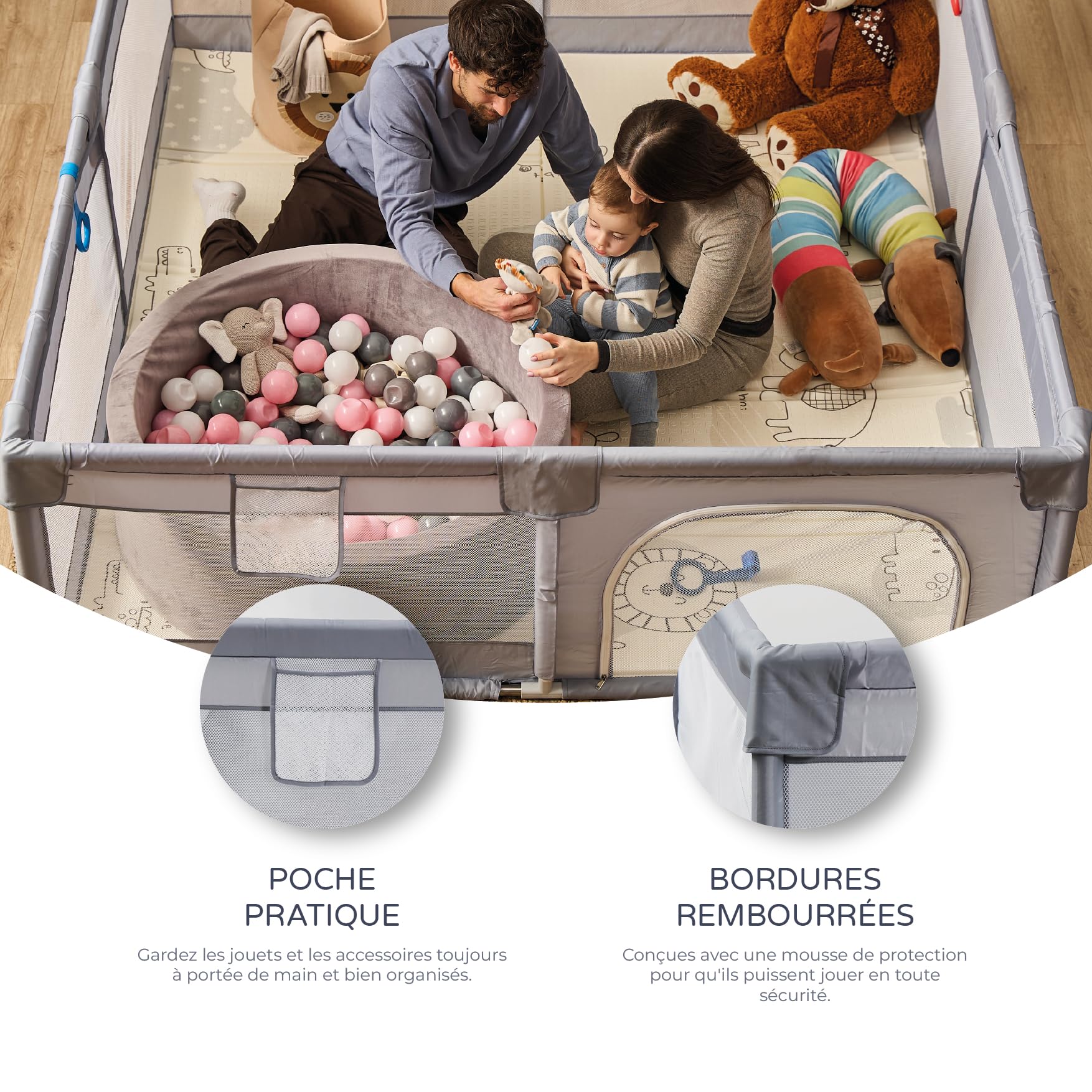 Parc pour enfant XXL en nylon - 200 x 180 cm - Parc de jeux pour bébé pliable avec chatières et fenêtre filet - Avec ventouses - Montage facile (200 x 180 cm)