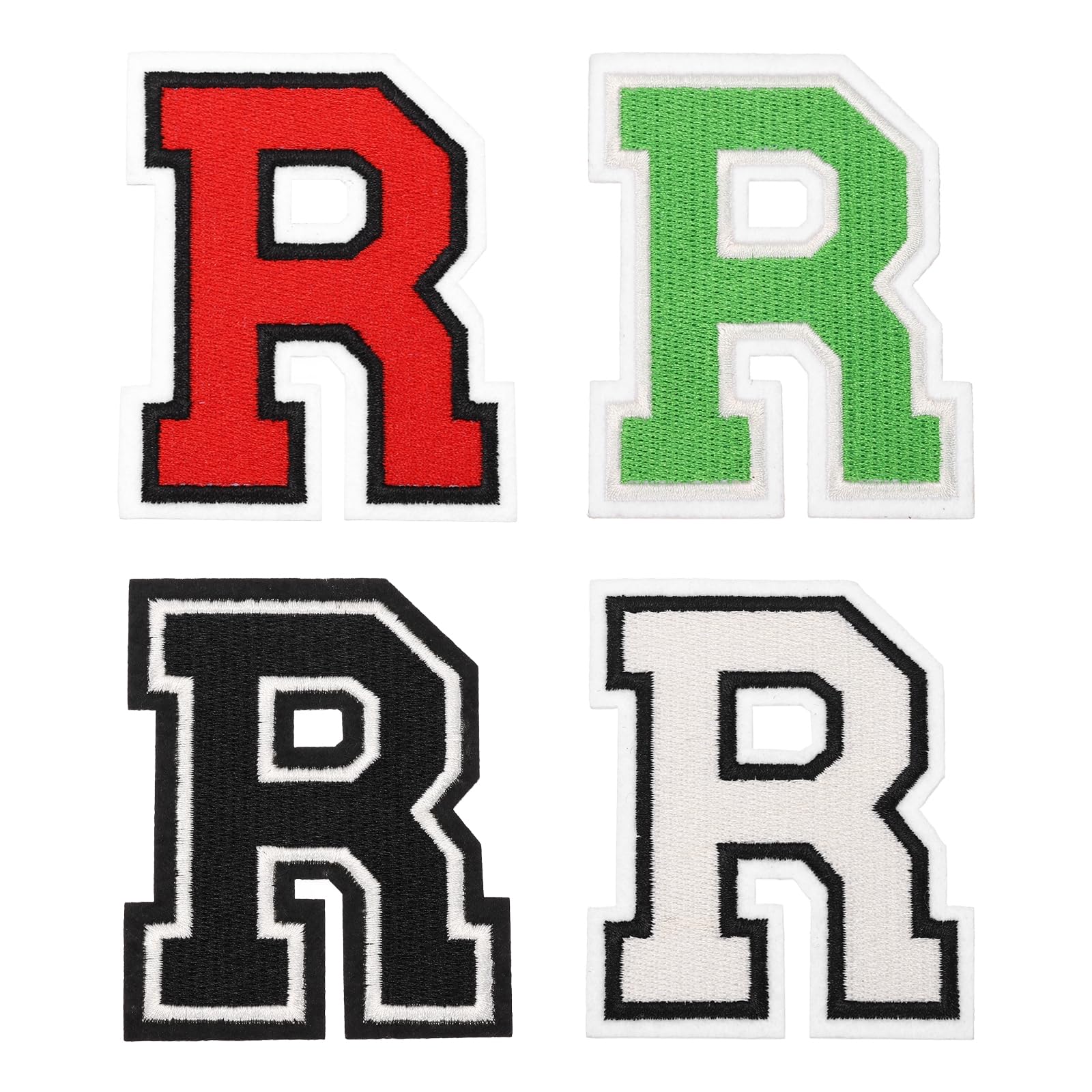 sourcing map 4 Pcs 3 Inch Iron-on Letters Patches, Letter R Embroidered Alphabet Appliques for Clothes Jacket Dress Hat Backpacks DIY Accessories, Green/Red/White/Black