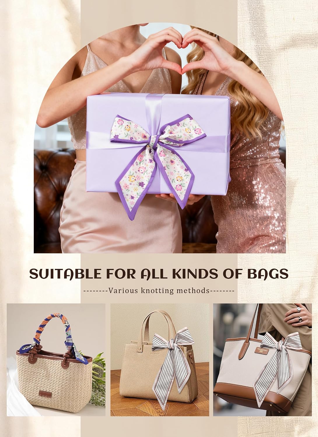 CHLINS 4PCS Satin Head Scarf for Women, Neck Hair Purse Handbag Accessory Fashion Versatile Thin Long Strip Scarf