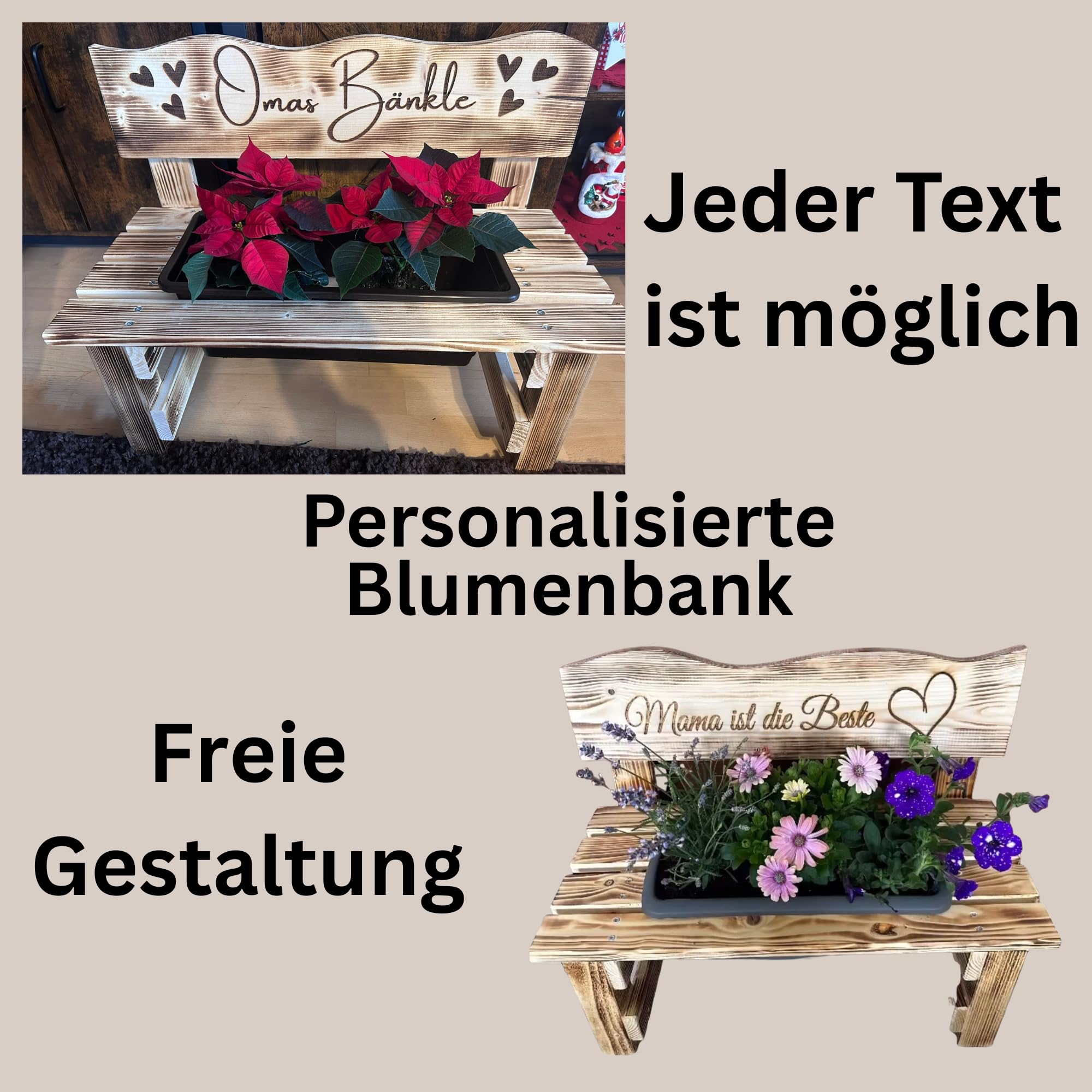 Generisch Personalisierte Blumenbank aus Holz – Pflanzbank mit Namensgravur – Dekorative Pflanzenbank für Innen & Außen - Outdoor Garten Oma Mama Muttertag Geburtstag Geschenk Hochzeit
