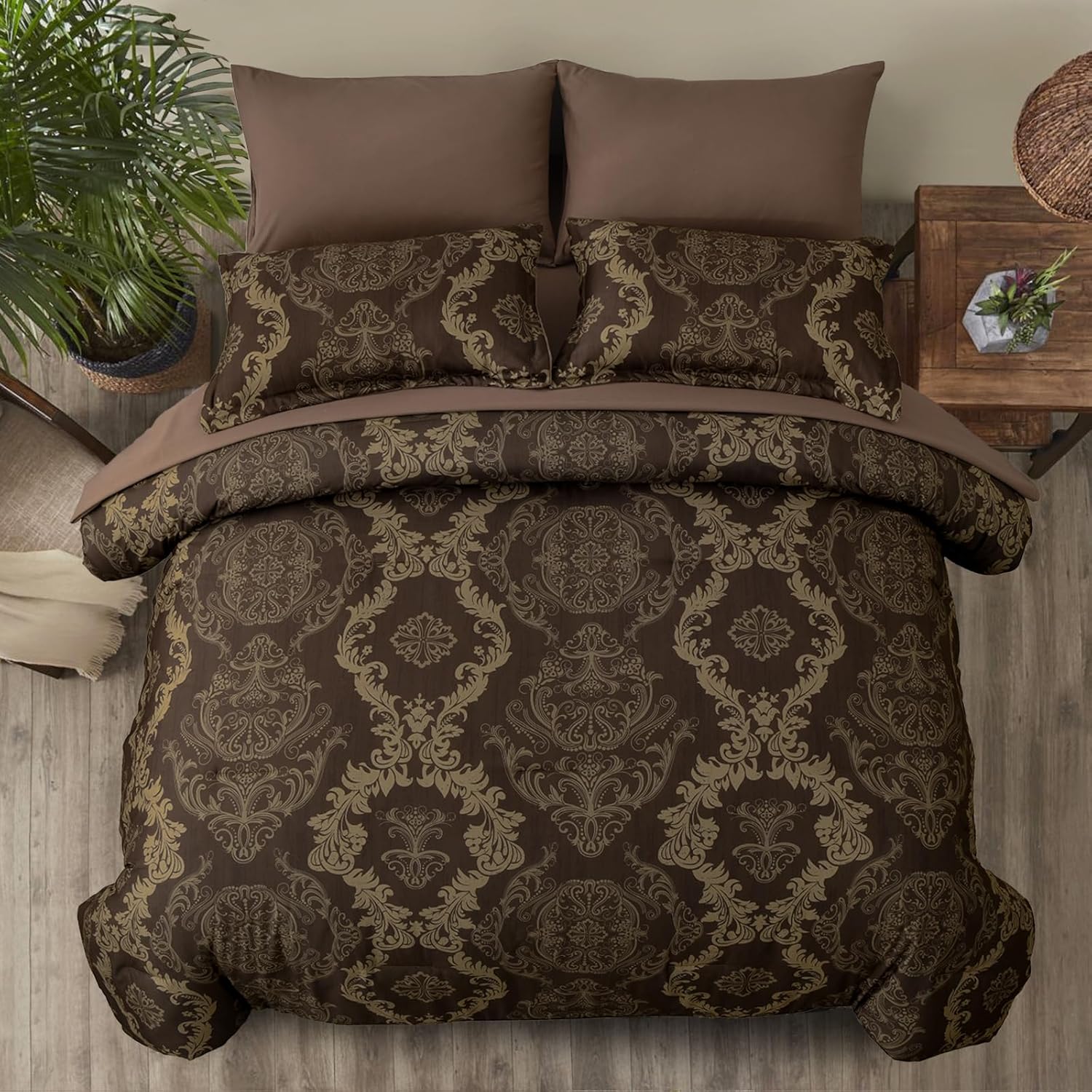 WONGS BEDDING Damask Comforter Set Queen Size, Coffee Gold Texture Design 7 Pcs Bed in a Bag Microfiber Comforter Bedding Sets -1 Comforter, 1 Flat Sheet, 1 Fitted Sheet, 2 Pillow Shams, 2 Pillowcases - Image 3