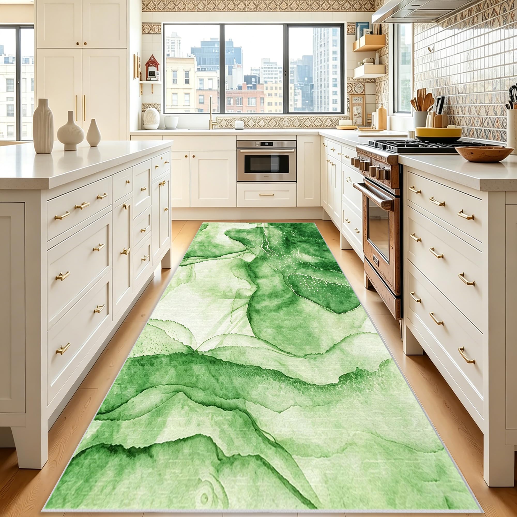 Alfombra pasillo antideslizante y lavable de pelo corto verde, 120 x 160 cm