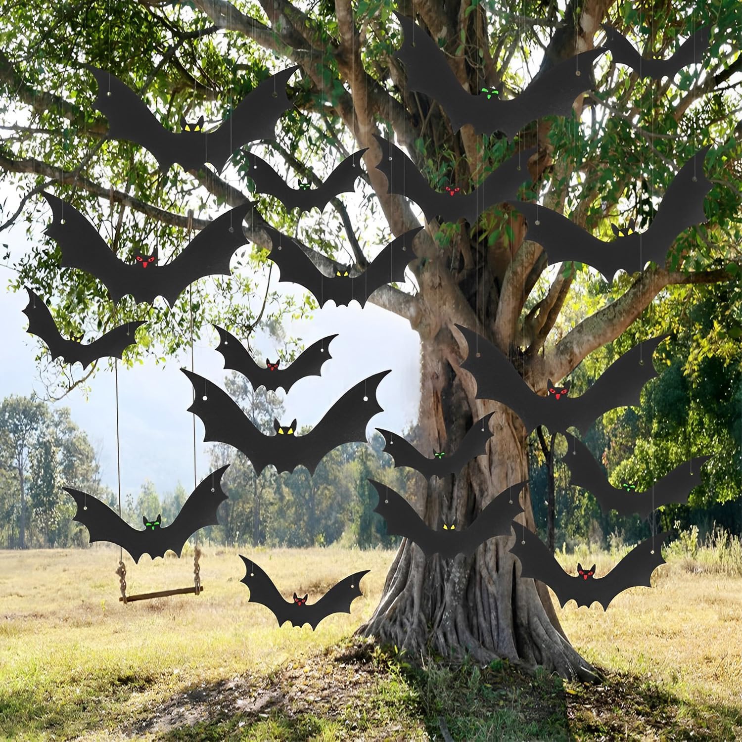 18PCS Hanging Bats Halloween Decor, Large Plastic Flying