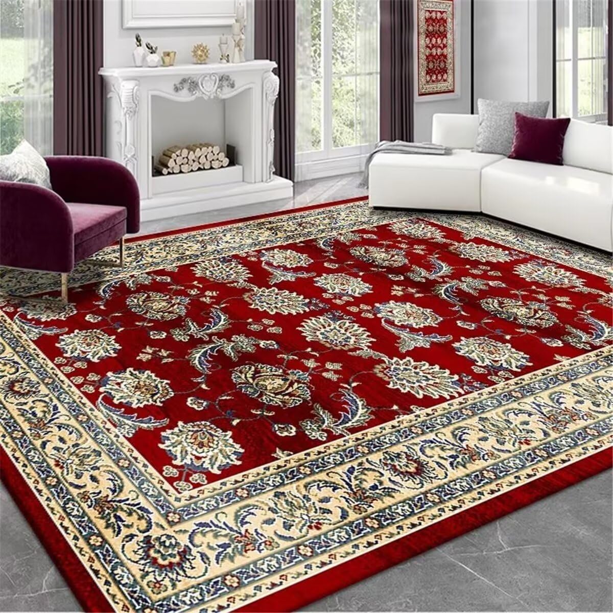 Tapis traditionnel style retro a decoration florale rouge intense
