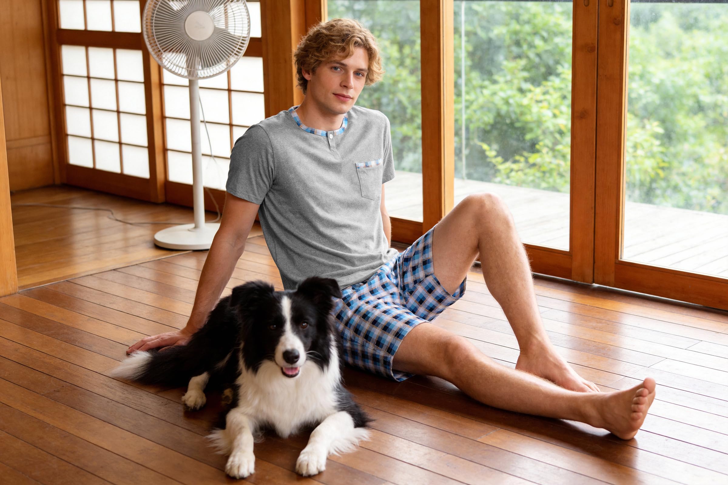 Pijama Hombre Algodon Conjunto de Pijama Corto con Pantalón Corto a Cuadros Pijamas Verano con Bolsillos Ligero Suave y Cómodo para Casa