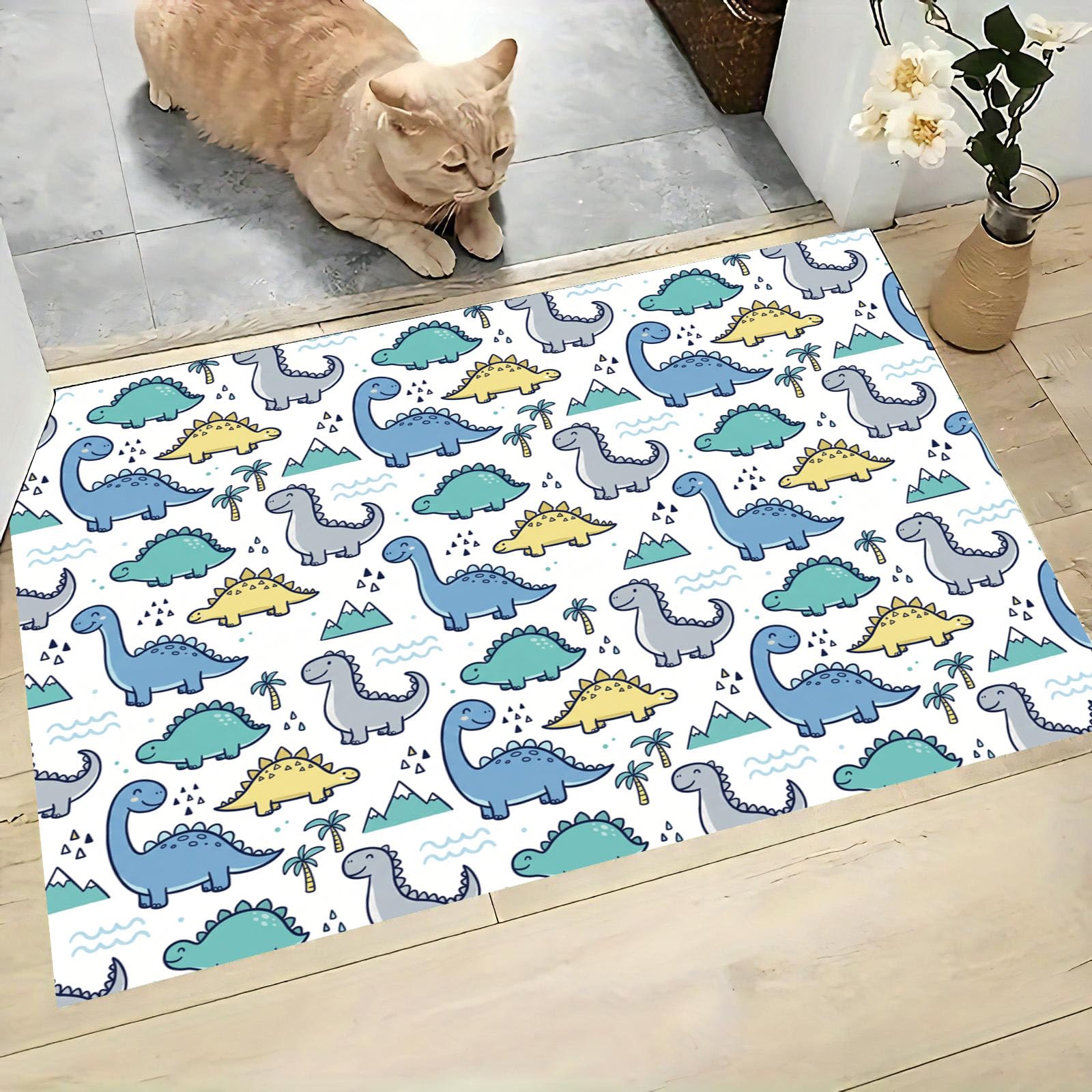 Felpudo de Entrada 80x120cm, Alfombra Animado Juguetón Atrapapolvo Alfombra Dinosaurio Dibujos Animados Antideslizante Lavable, Alfombrilla con Microfibras Suaves para Puerta, Pasillo, Azul Claro
