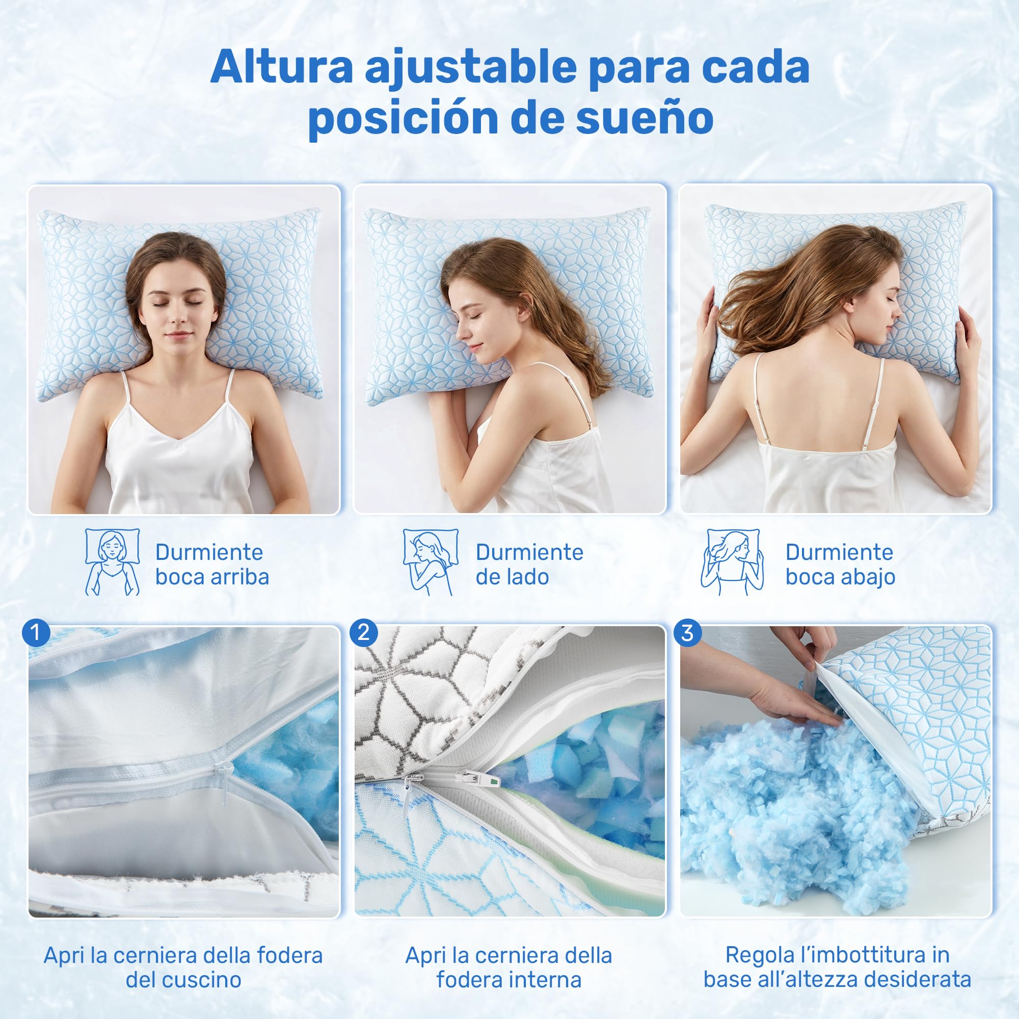 UNIKOME Almohada de refrigeración para sudores nocturnos, espuma viscoelástica ajustable en forma de rayas (gel, transpirable) para soporte cervical | lavable a máquina | 40 x 80 cm azul, 2 unidades