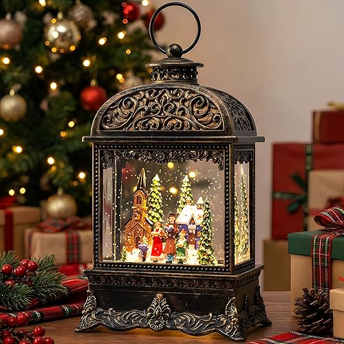 Miniatura 27 de Duendes de Navidad con luz de globo de nieve, escena de árbol de Navidad caprichosa de Santa y elfo, linterna de agua musical de nieve brillante