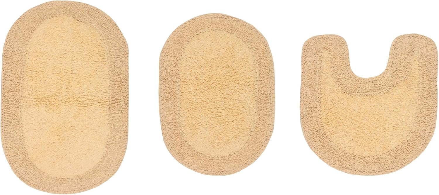 Home Weavers Double Ruffle Collection 100% Cotton Bathroom Rugs Set, Washable Rug, Extra Soft and Absorbent bath Rug, Kitchen Mat, BathMat Set, Bath Floor Mat NonSlip, 3 Piece Set with Contour, Butter