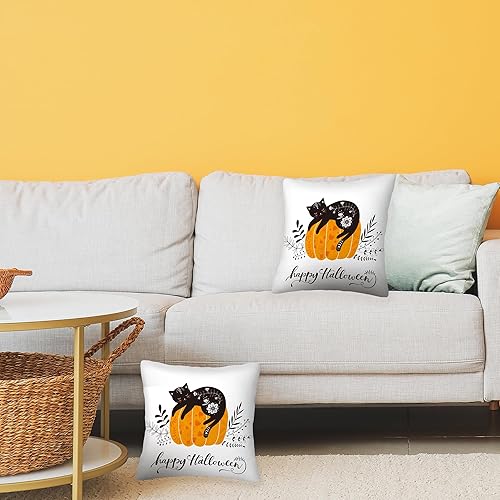 Miniatura 7 de SKYDAWNY Juego de 2 fundas de almohada de 18 x 18 pulgadas con diseño de calabaza y gato negro, fundas decorativas cuadradas suaves para decoración