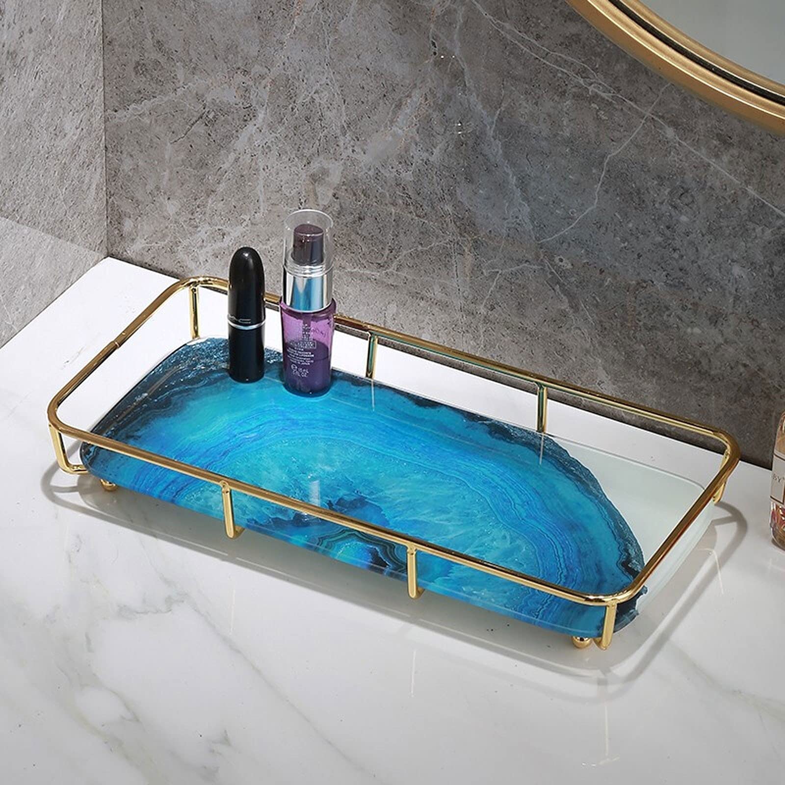 Serviertablett/Tabletts Gold Makeup Organizer Kosmetik Lagerung Badezimmer Organizer Countertop Display Eitelkeit Tray in der Kommode Edelstahl Regal Marmordruck Keramikfach Serviertabletts/Dekotablet