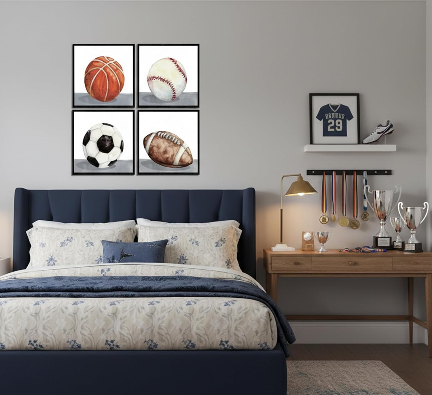 4Pcs Vintage Sports Wall Art Boys Room Poster Prints Basketball Soccor Baseball Football Pictures Rustic Ball Wall Decor for Kids Room Nursery Bedroom Home Decorations 16x16in Unframed