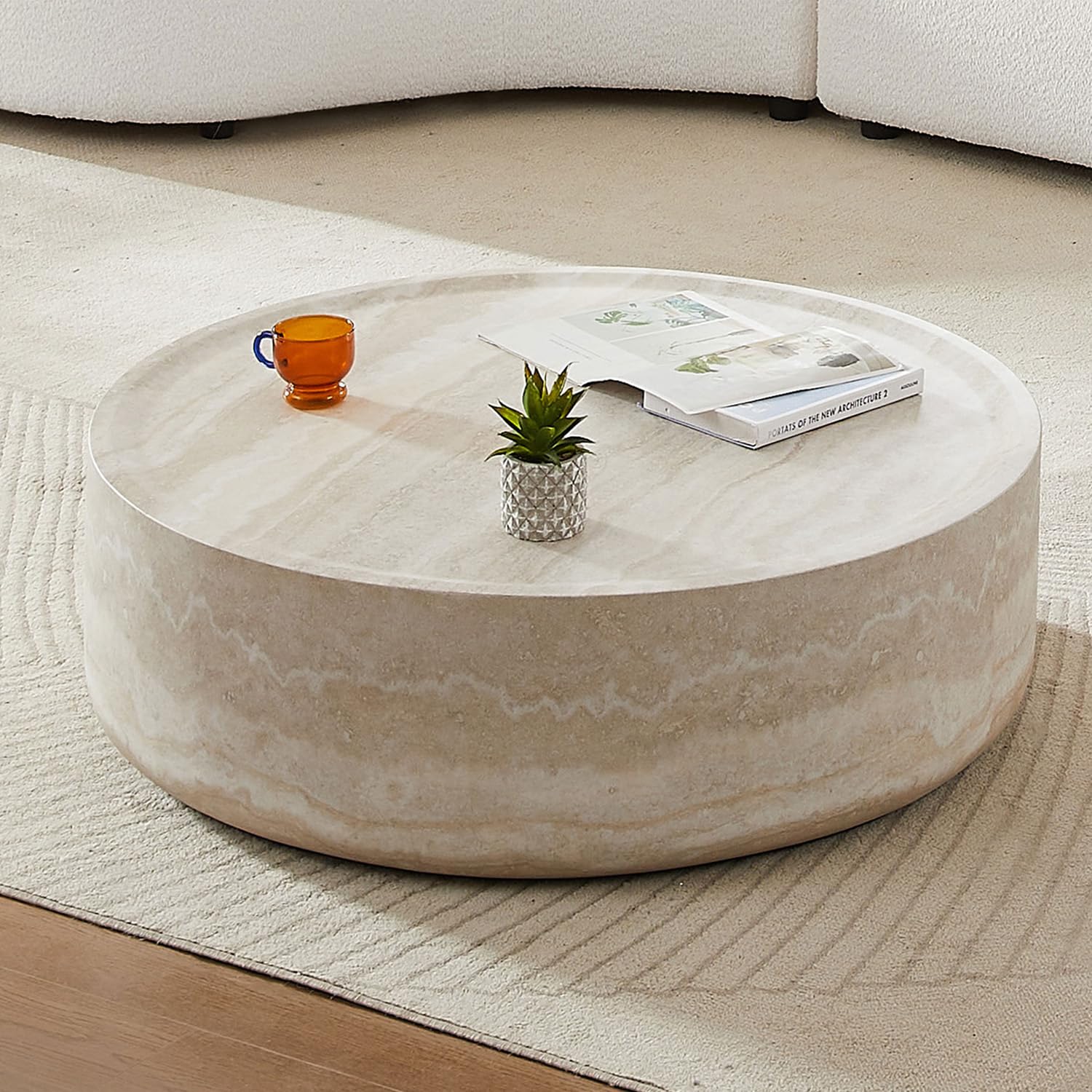 Round Coffee Table for Living Room Faux Marble Coffee Table Stone Circle Coffee Tables Modern Luxury Drum Center Table Side Table End Table for Apartment Office (39.37'' Marble)
