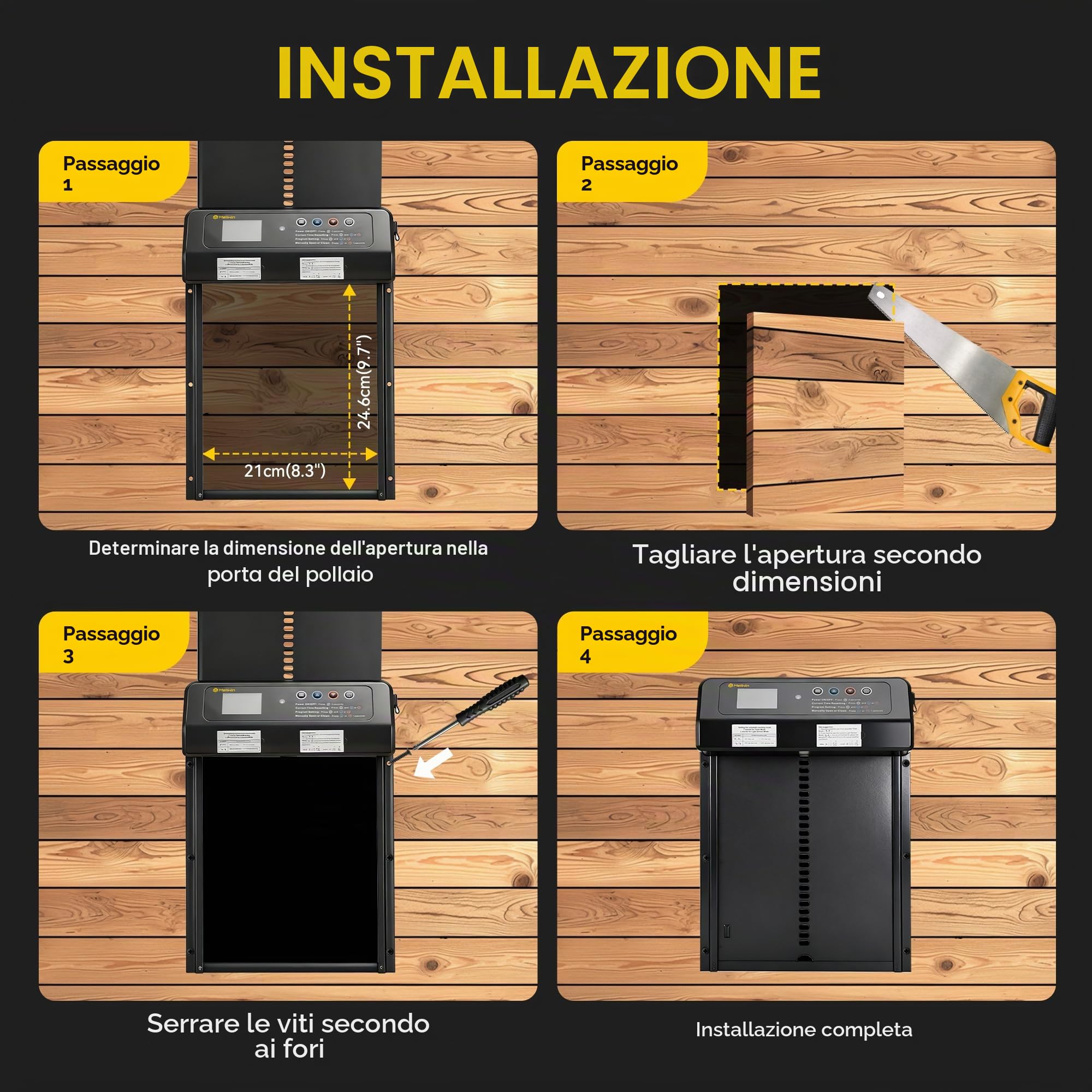Porta per pollaio automatica solare MELLWIN con display LED, sensore di luce e timer, porta pollaio, porta automatica pollaio anti-predatori, resistente all’inverno