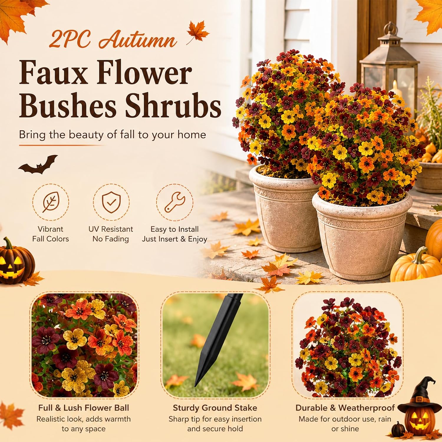 2 Pack Fall Artificial Topiary Ball Trees, UV Resistant Artificial Outdoor Shrubs with Ground Spike, Fake Autumn Flower Bushes, Outdoor Artificial Plants for Garden Harvest Decor (Red, Orange,Yellow)