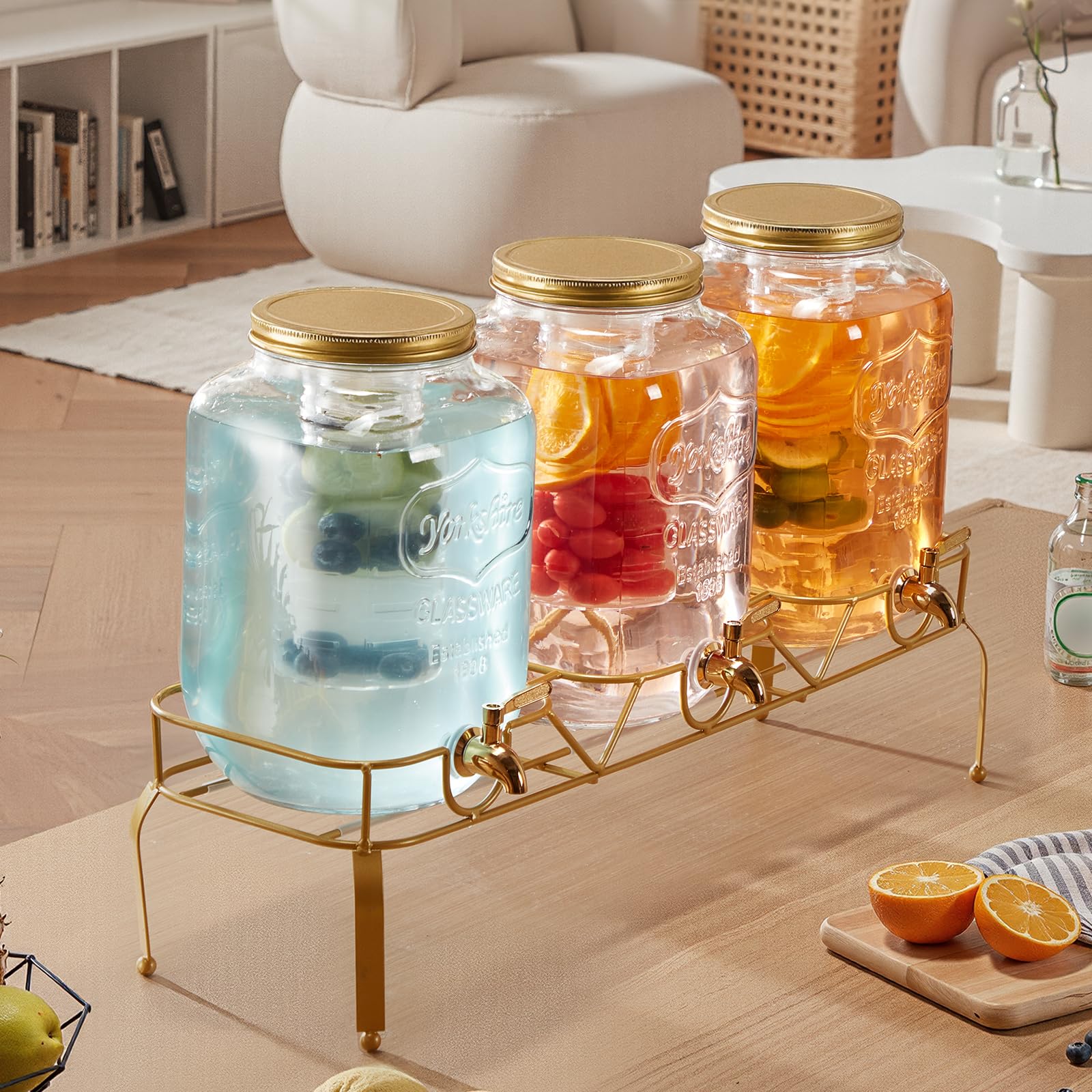 VEVOR Dispensador de Bebidas 8 L para Fiestas, Dispensador de Zumo de Cristal con Soporte de Metal, Grifo de Acero Inoxidable, Infusor, para Té Helado, Limonada y Zumo, 620 x 177 x 440 mm, 3 uds
