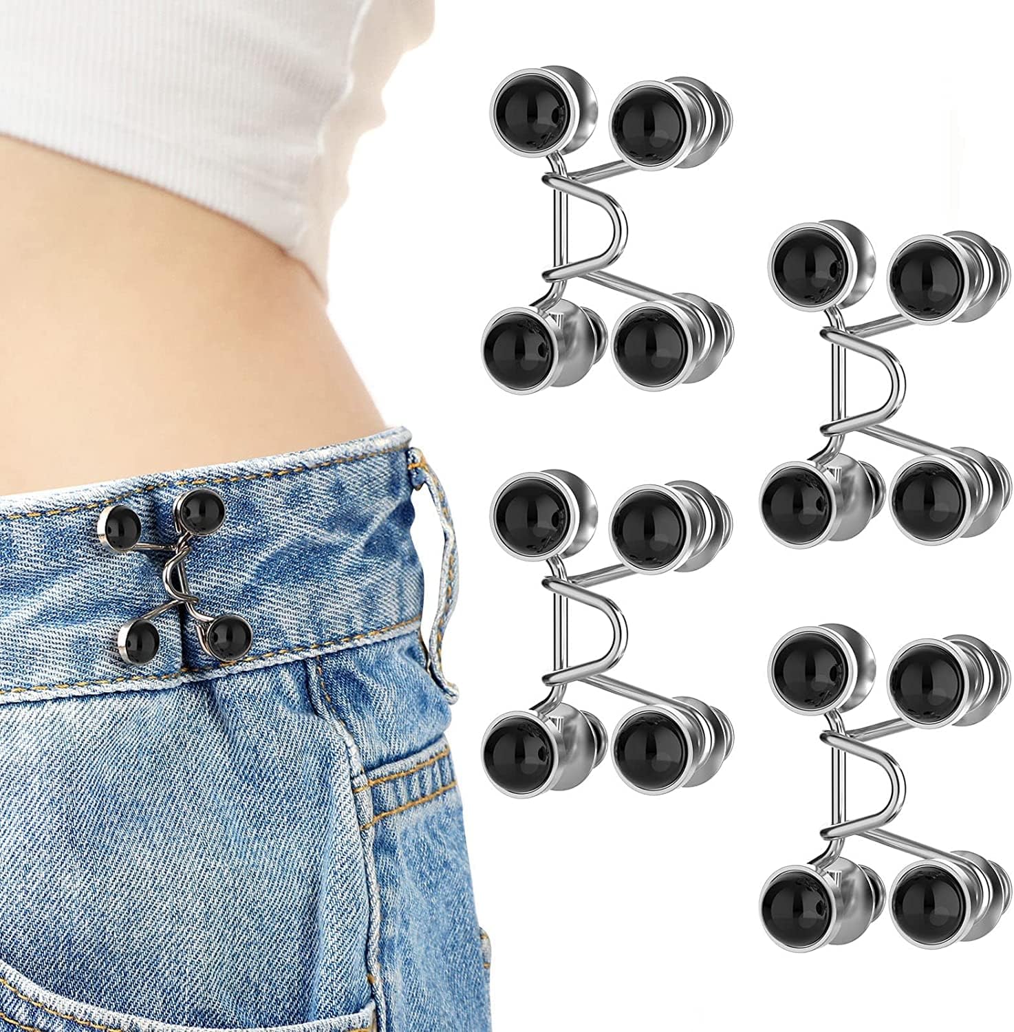 4 Pcs Jean Button Pins, Detachable Jean Button for Pants, Adjustable Waist Buckle Extender Set, No Sewing Required, Strong and Durable, Pant Waist Tightener for Jeans Fit Instant Button