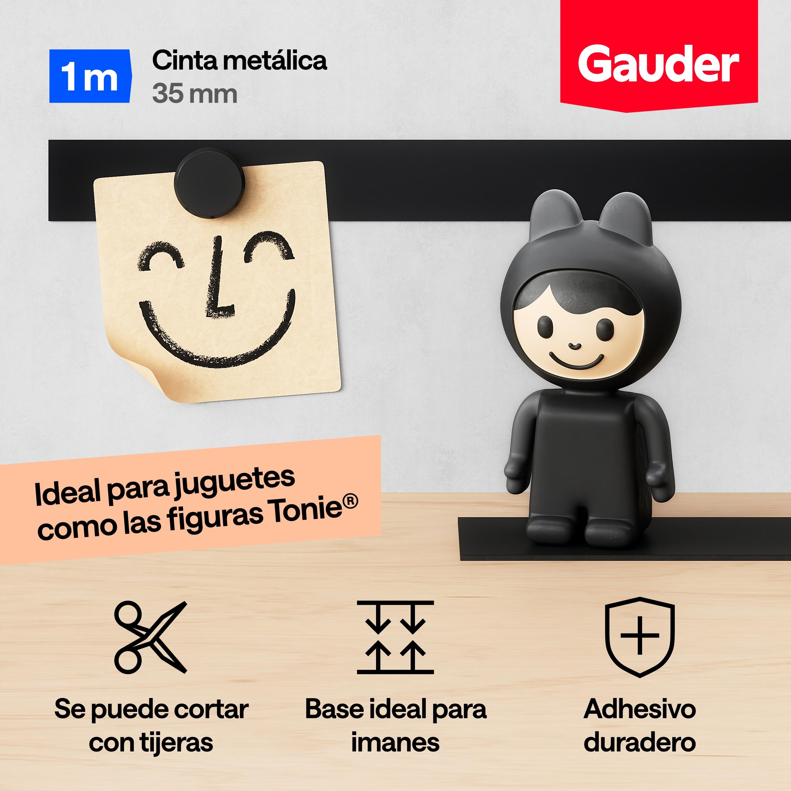 GAUDER Cinta metálica autoadhesiva - Banda magnética para imanes y Figuras Tonie® & estanterías - Cinta ferrosa & banda de hierro para manualidades y organización (1 m x 35 mm - negro)