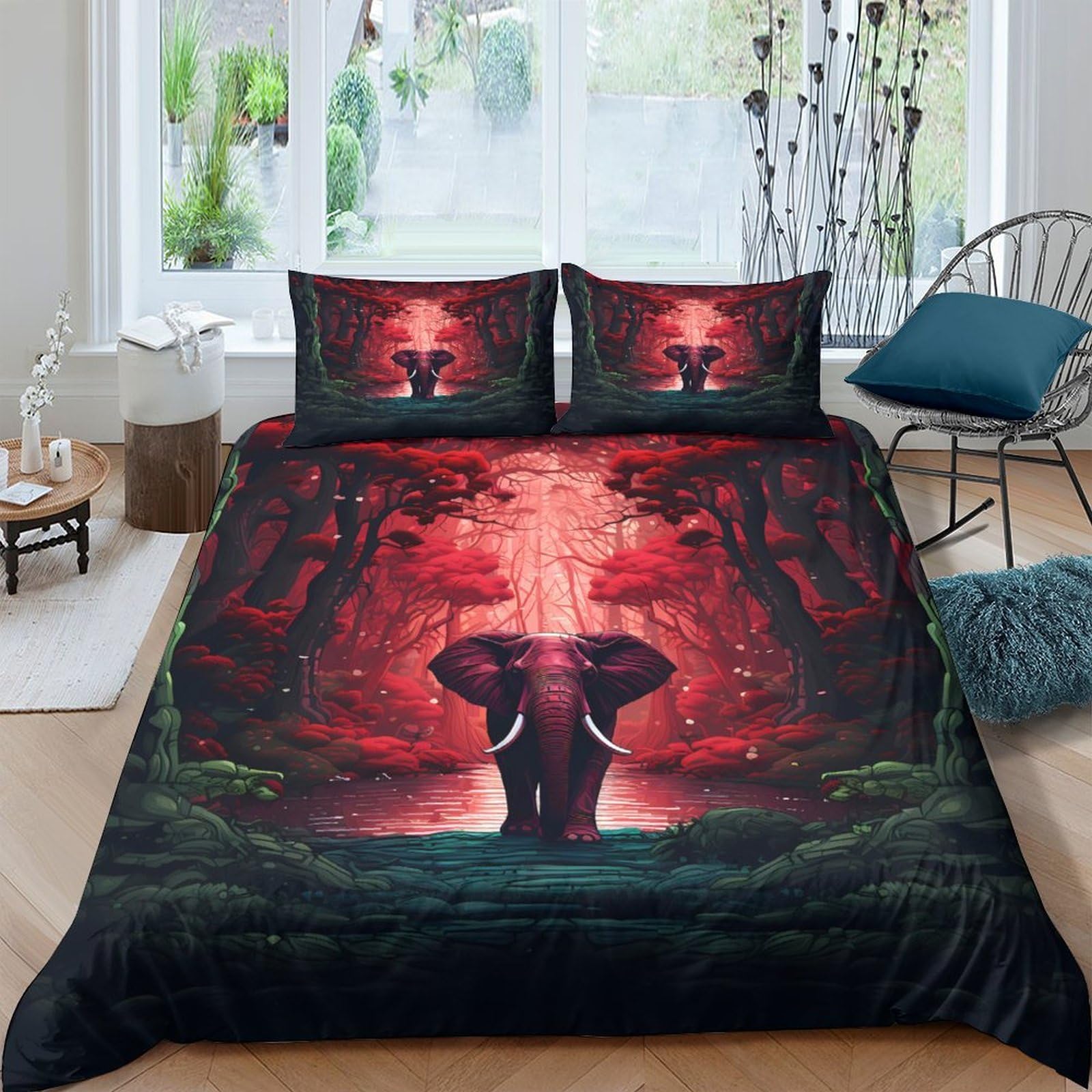 GPLZQXKJNH 3D Printed Red Forest Elephant Duvet Cover Microfiber Breathable Jungle Animal Bedding Set with 2 Pillowcases for Bedroom Decor Single（135x200cm）