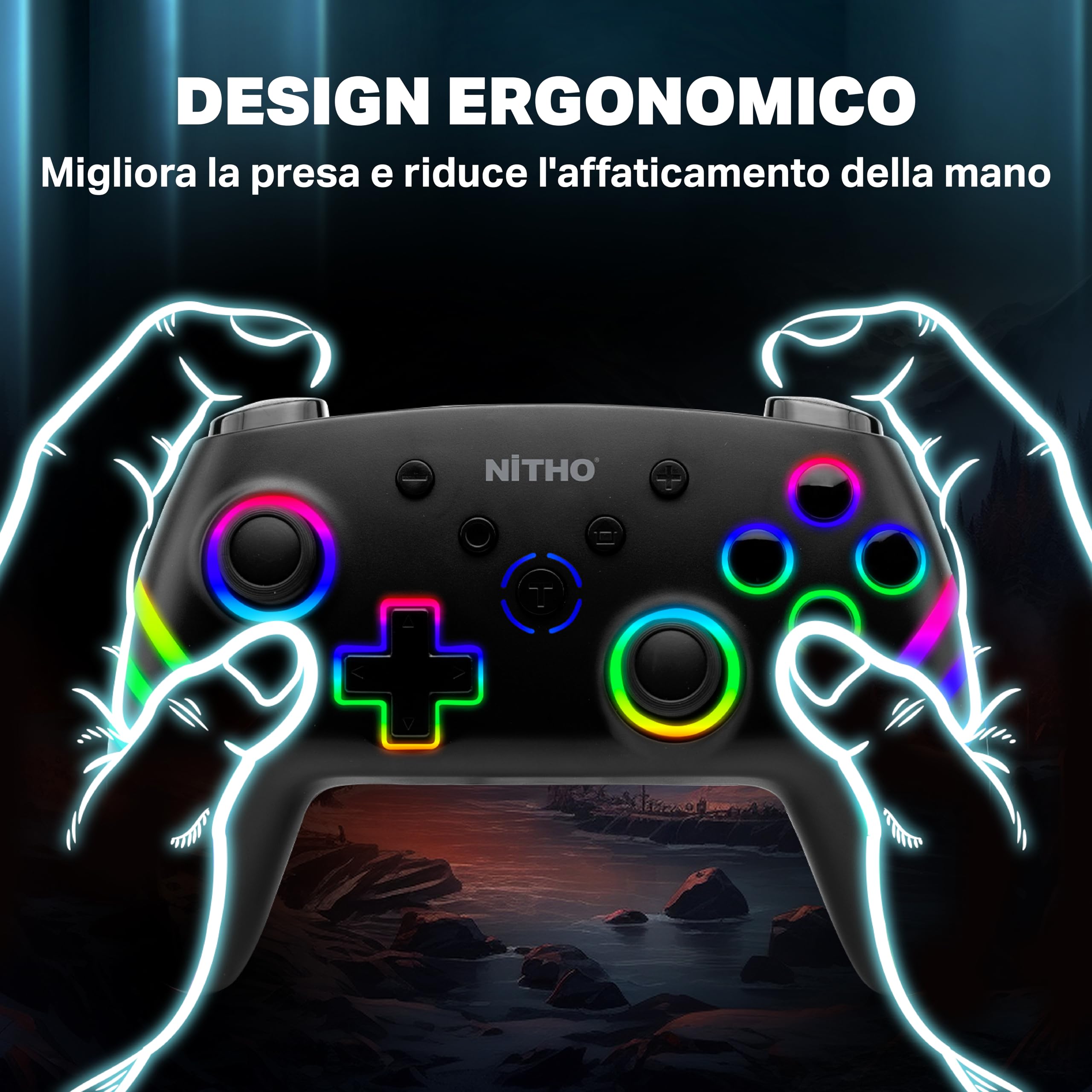 NITHO NEXUS DARK OPS Wireless Controller Compatibile con Switch/Switch 2/PC/Android/iOS, Gamepad con LED RGB, Trigger Effetto Hall, Giroscopico a 6 Assi, Turbo, Joystick Ergonomico - Nero