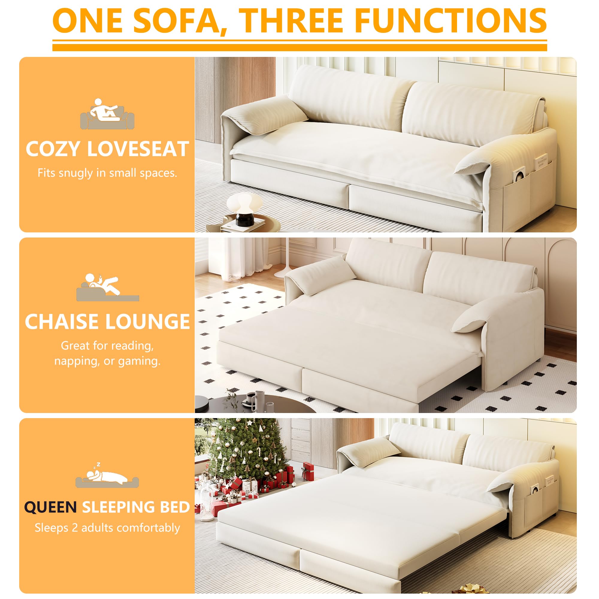 63.8" Sleeper Sofa Bed Queen Size, Pull Out Convertible Velvet Couch, Beige | 3-in-1 Sofa, Recliner & Bed, Removable Cover, Padded Arm, Pocket, for Narrow Doors, Living Room, Small Space, Apartment & RV