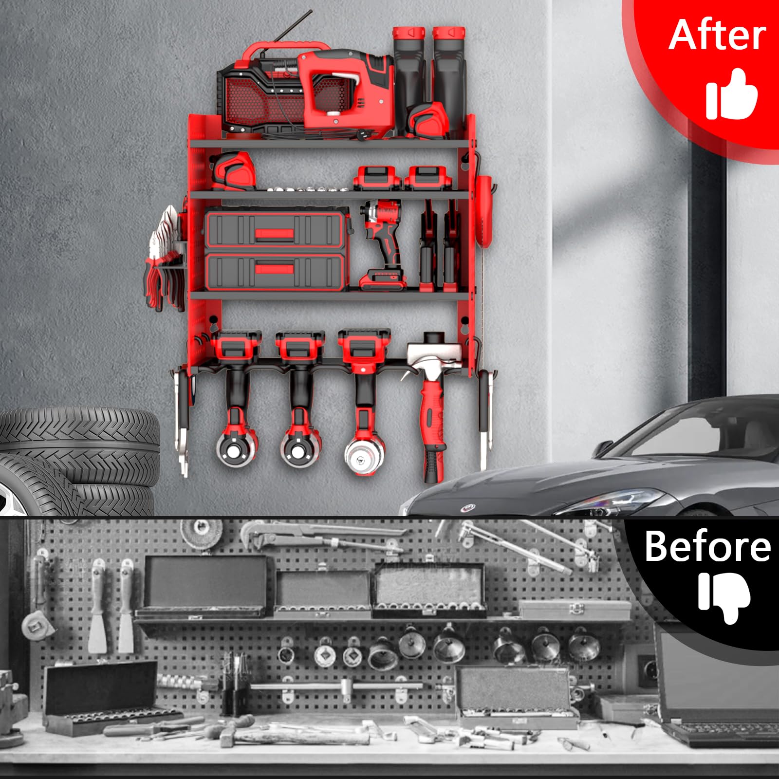 Organizer per utensili elettrici da parete a 4 strati, per l'organizzazione del garage, organizer per attrezzi da garage e stoccaggio con 4 supporti per trapano, 1 supporto per cacciavite, scaffale