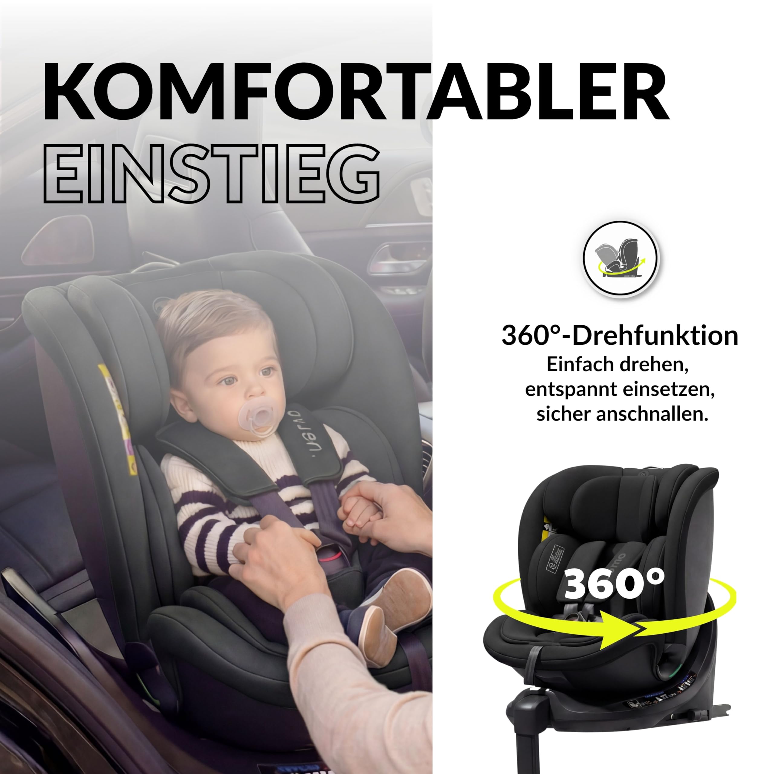 OWEN 360Comfy Kindersitz 360° drehbar Isofix Reboarder 0-36 kg – Schwarz | ECE R129 i-Size geprüft (40-150 cm, 0-12 J.) – Seitenaufprallschutz, Sonnenverdeck, 360° drehbar & rückwärtsgerichtet