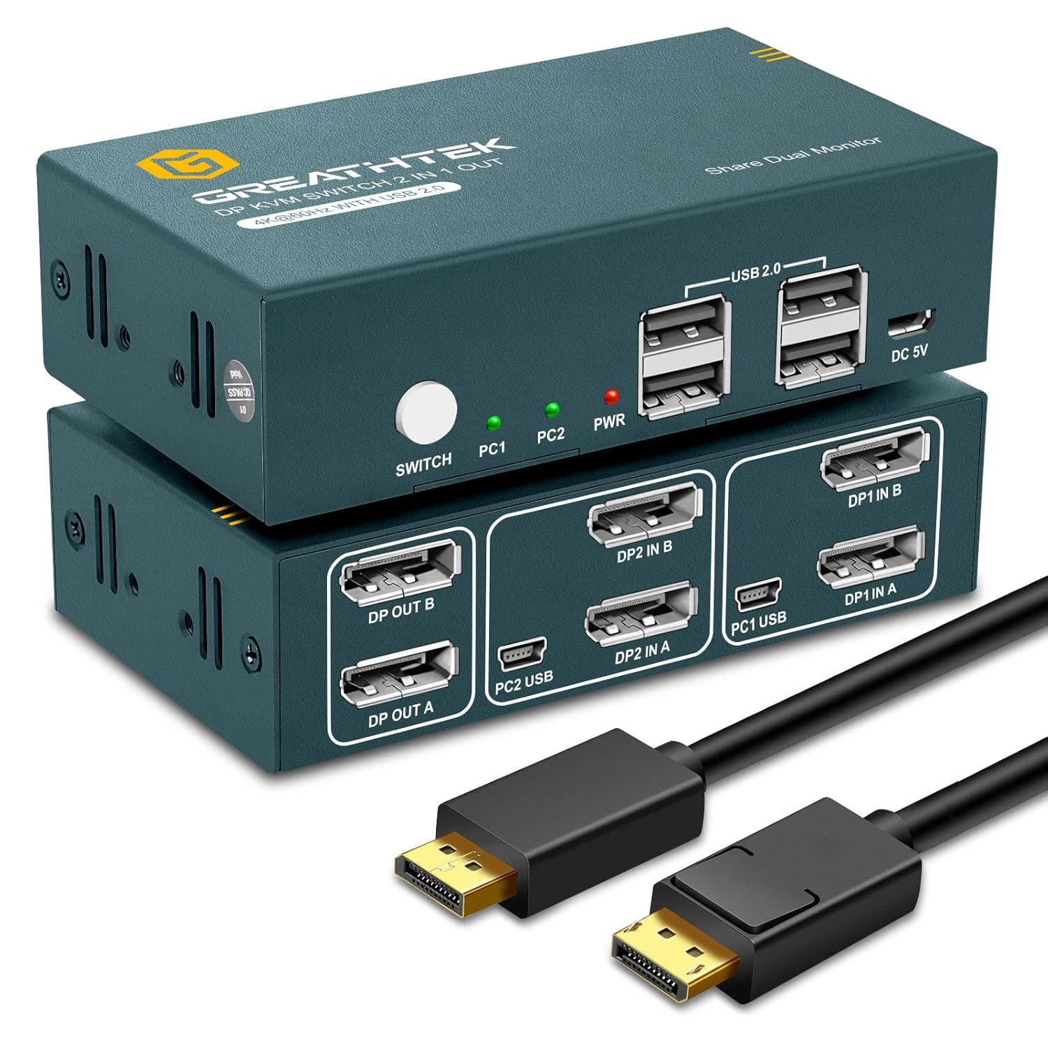KVM Switch Dual Monitor 2 Port,GREATHTEK KVM DisplayPort 4K 60Hz USB2