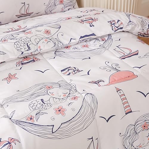 Miniatura 5 de JSD Juego de ropa de cama de sirena para niños pequeños, juego de sábanas de edredón de 4 piezas con temática oceánica, lavable a máquina