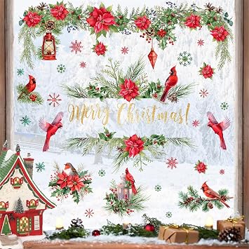 Merry Christmas Window Stickers Christmas Glass Window Clings Decoration Indoor Winter Holiday Static Clings Decal Cardinal Flower Pine Tree Branch Decals for Bedroom Kitchen Home Party Supplies
