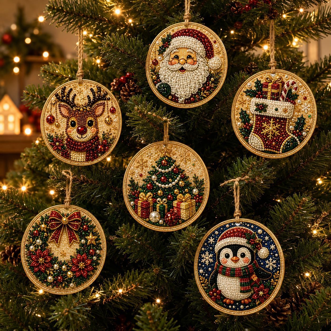 BibHoly 6PCS Christmas Wooden Ornaments DIY Pearl Diamond Painting Kit (#Q)
