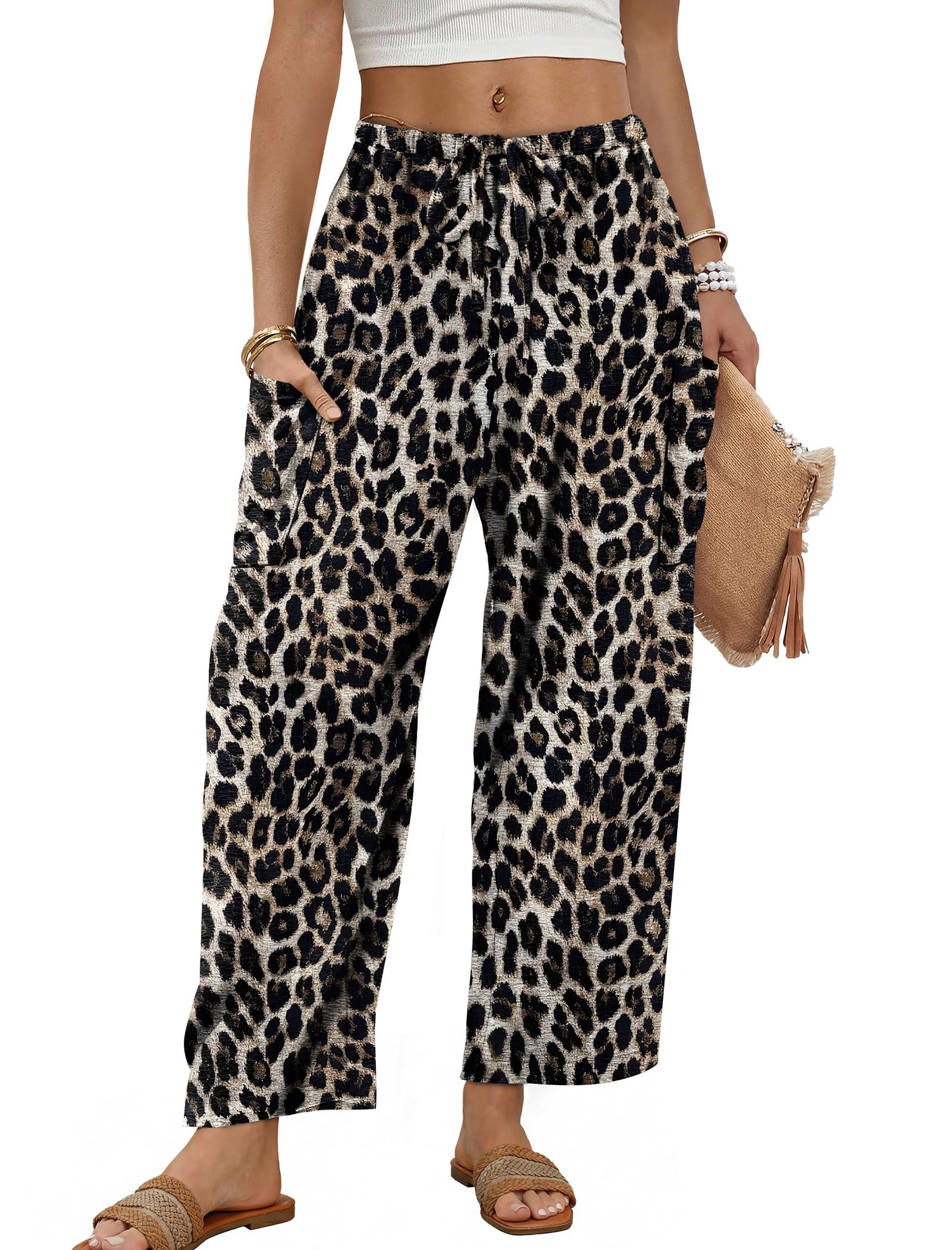 Sampeel Wide Leg Pants for Women Barrel Flowy Palazzo Elastic Waist Trousers with Pockets Summer Beach Vacation Outfits — view 7