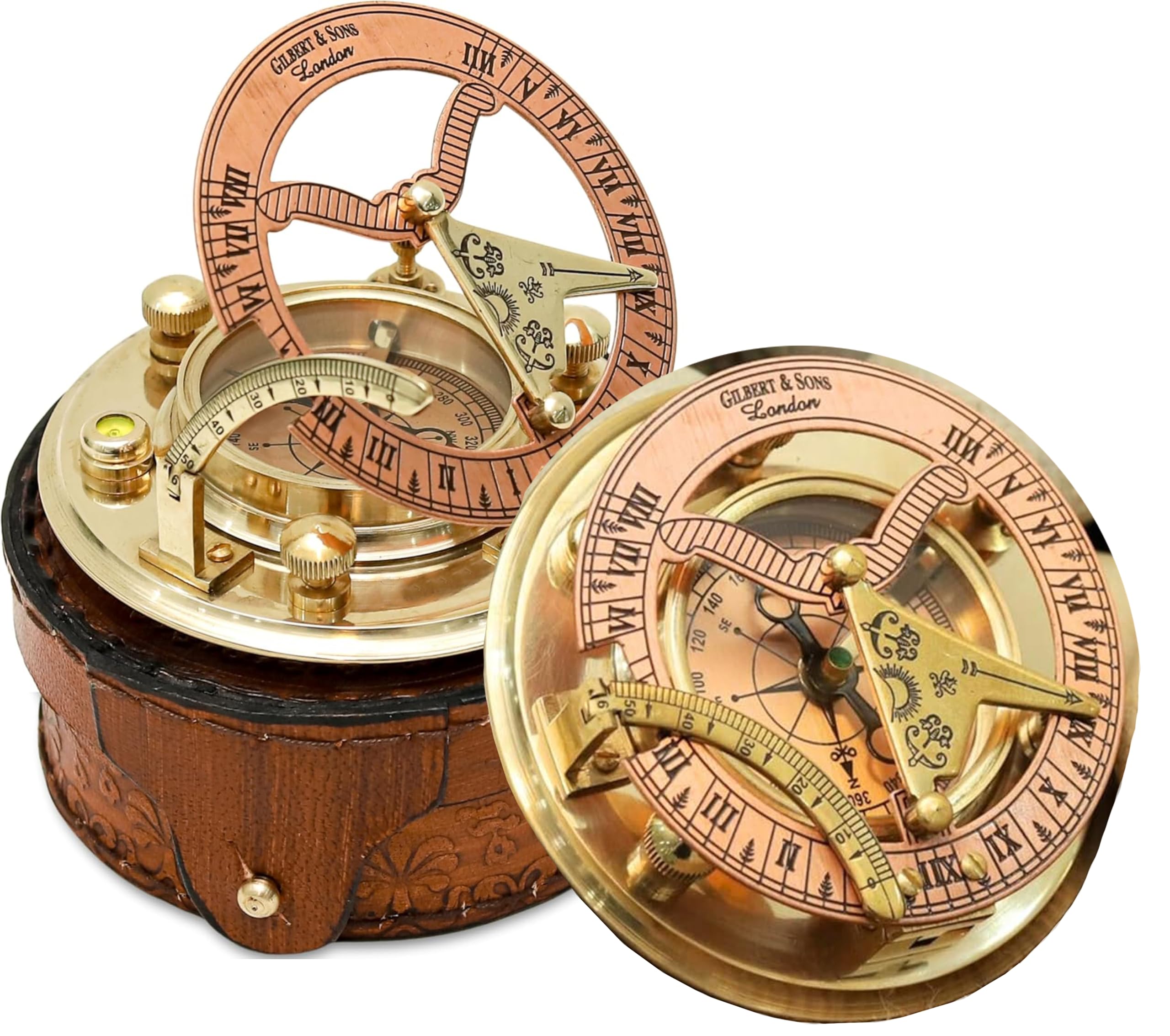 NETAEX Antique Brass & Copper Sundial Compass, Sundial Clock in Leather Box Gift Sun Clock Ship Replica Watch